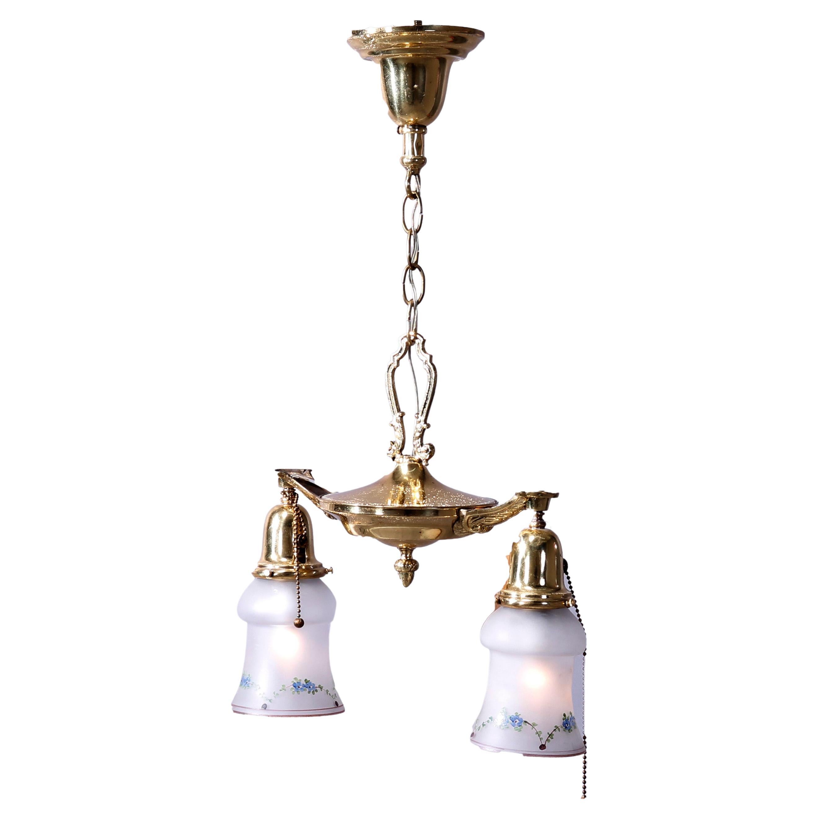Antique Brass Two Drop-Light Hanging Ceiling Fixture, Circa 1920 For Sale