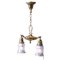 Antique Brass Two Drop-Light Hanging Ceiling Fixture, Circa 1920