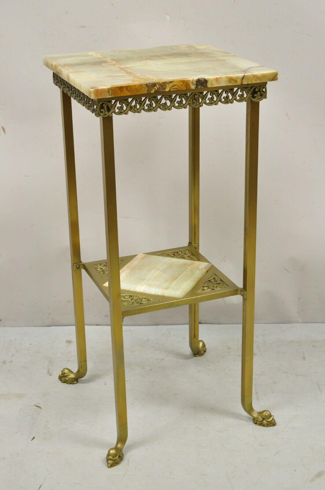 Antique Brass Two Tier Onyx Stone Dolphin Feet Plant Stand Side Table 6
