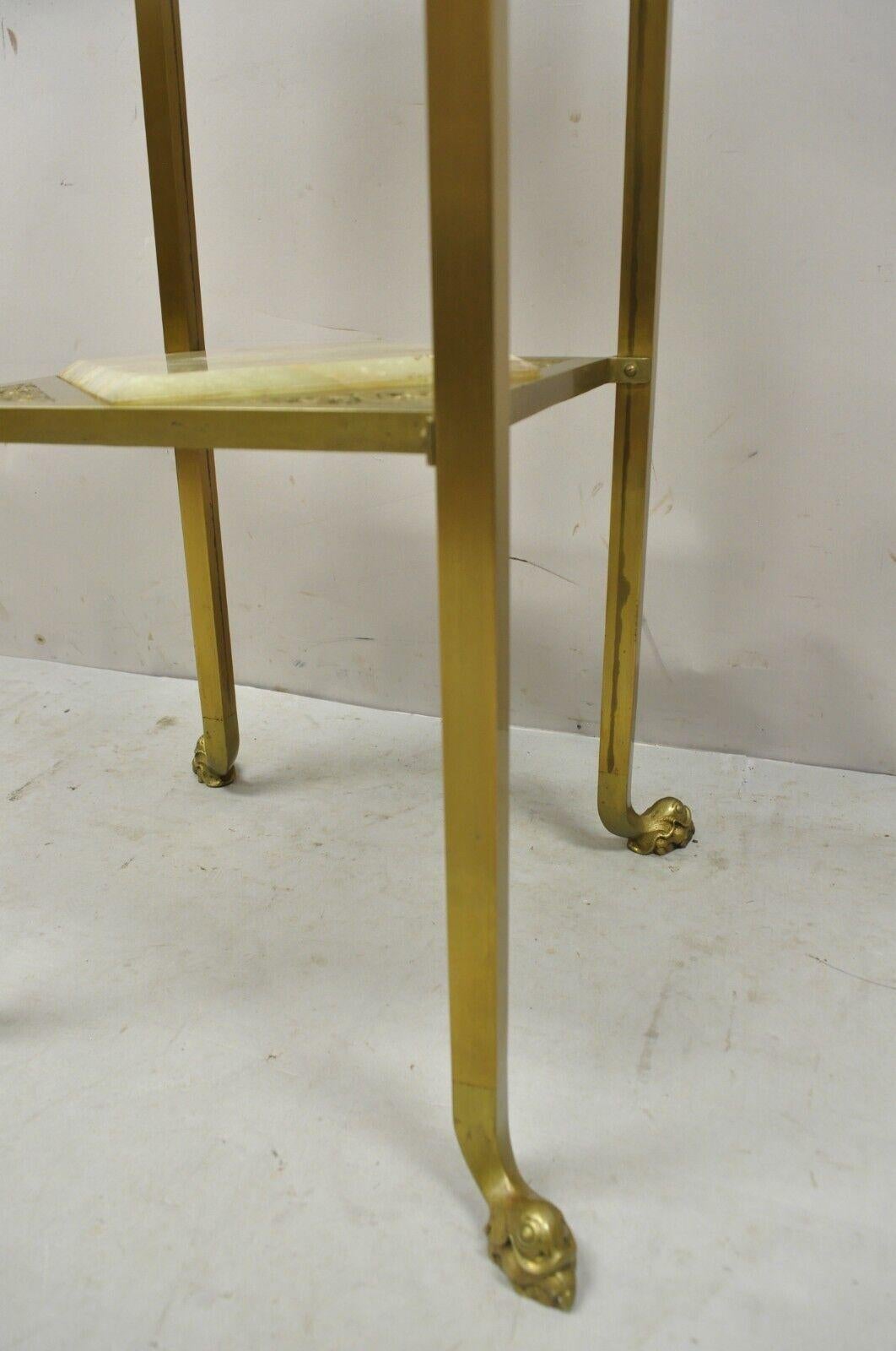 Antique Brass Two Tier Onyx Stone Dolphin Feet Plant Stand Side Table In Good Condition In Philadelphia, PA