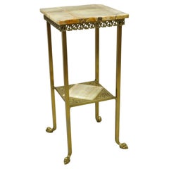 Antique Brass Two Tier Onyx Stone Dolphin Feet Plant Stand Side Table