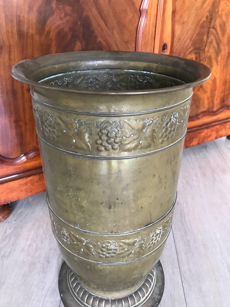 Antique Brass Umbrella and Cane Stand with Embossed Decor of Grapes and
