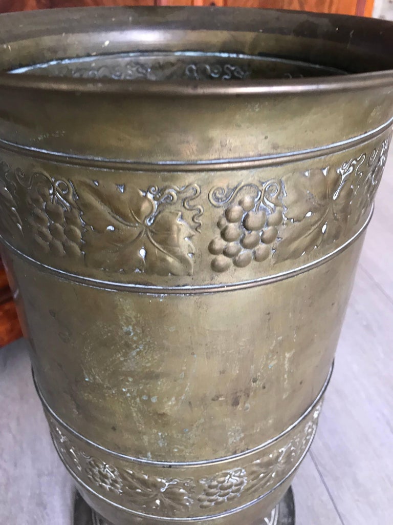 Antique Brass Umbrella and Cane Stand with Embossed Decor of Grapes and