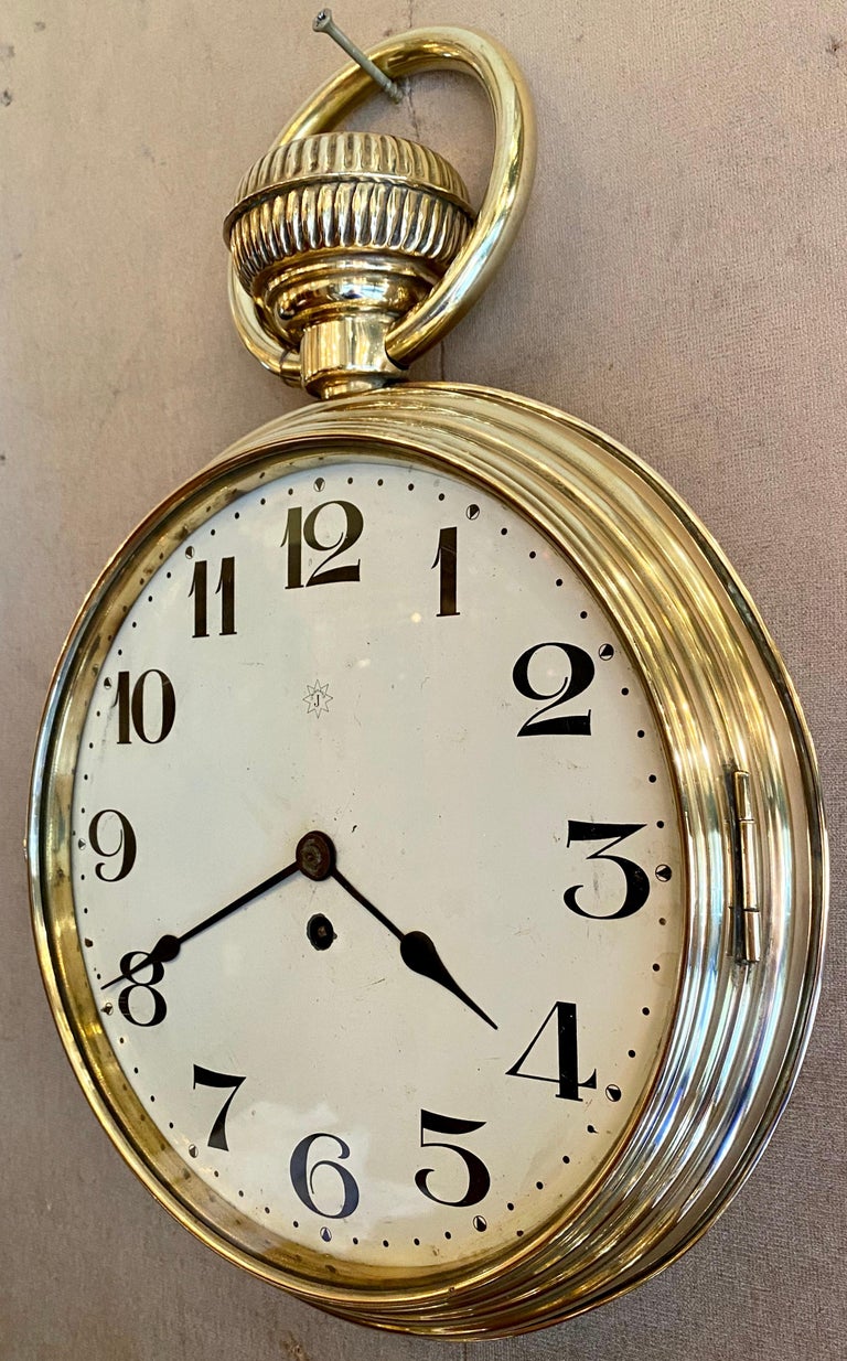 Antique Brass Wall Clock in Running Order, Pocket Watch Style, circa