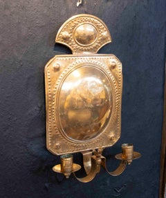 Antique Brass Wall Sconce, Repujado Design, Two Candle Holders, 1950