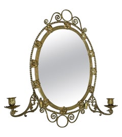 Antique Brass Wirework Oval Wall Mirror with Twin Candle Sconces, c.1900