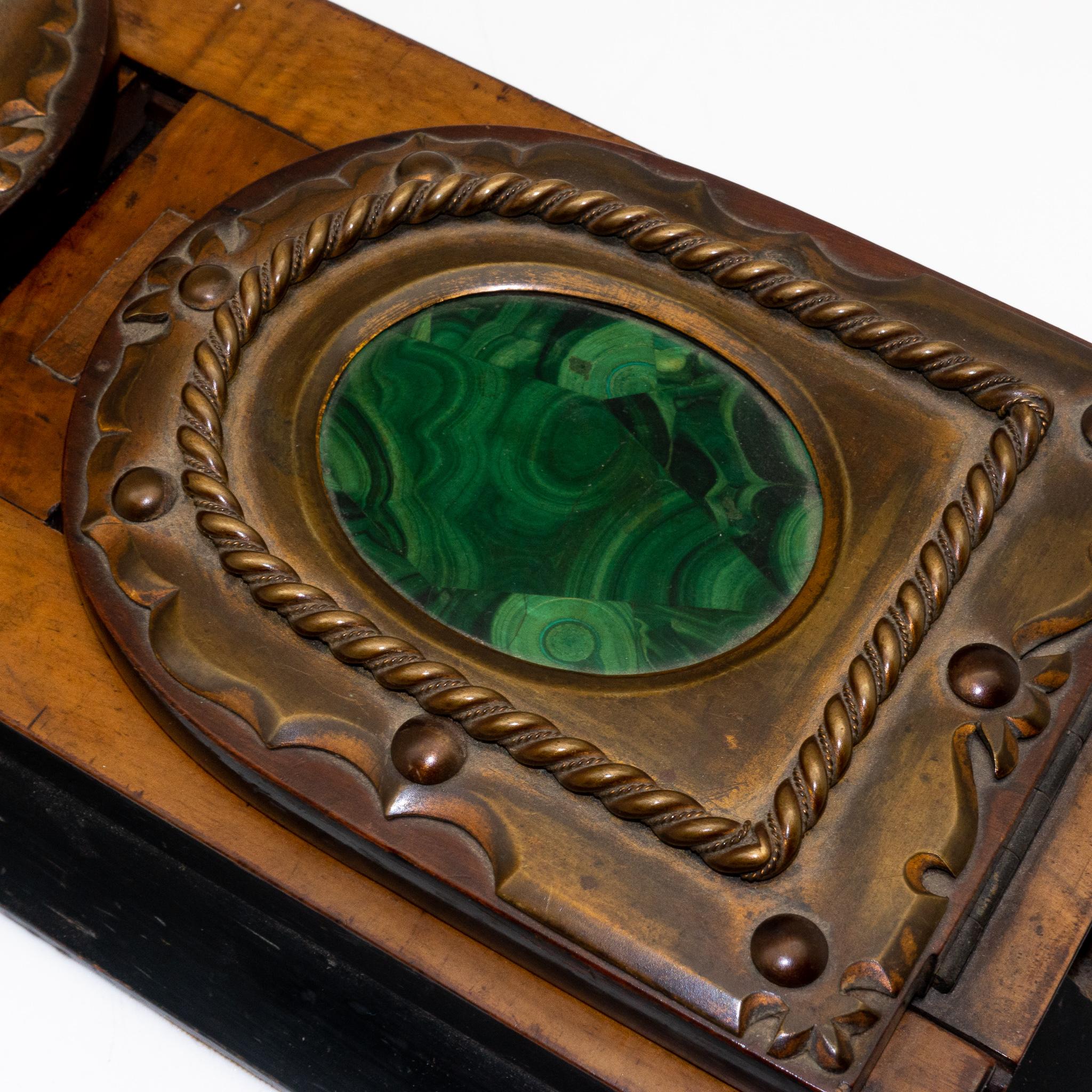 Victorian Antique Brass Wood and Malachite Telescoping Book Rack Slide Holder, circa 1860