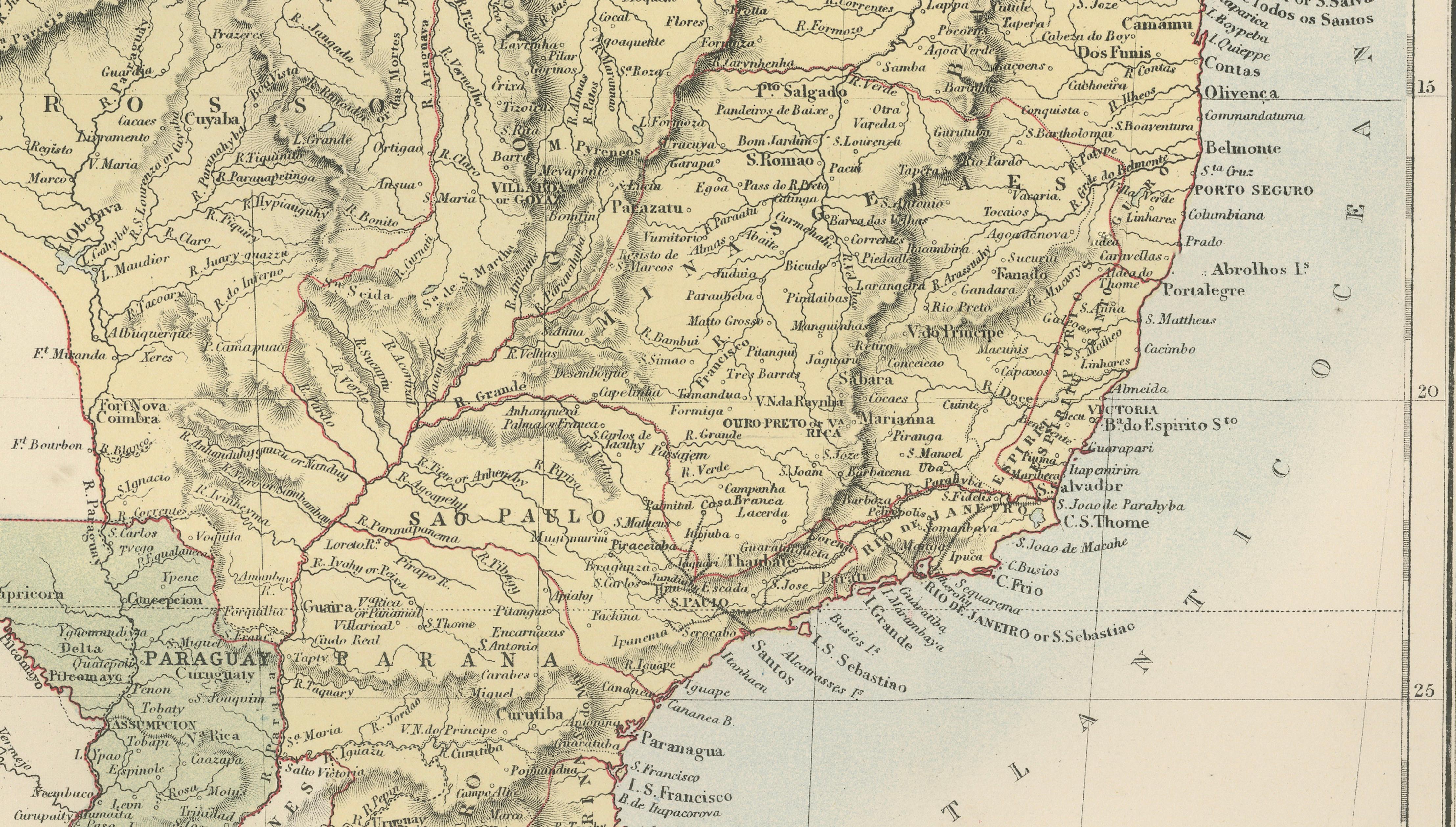 Antique Brazil Map, Uruguay, Paraguay & Guiana, Bartholomew, 1884