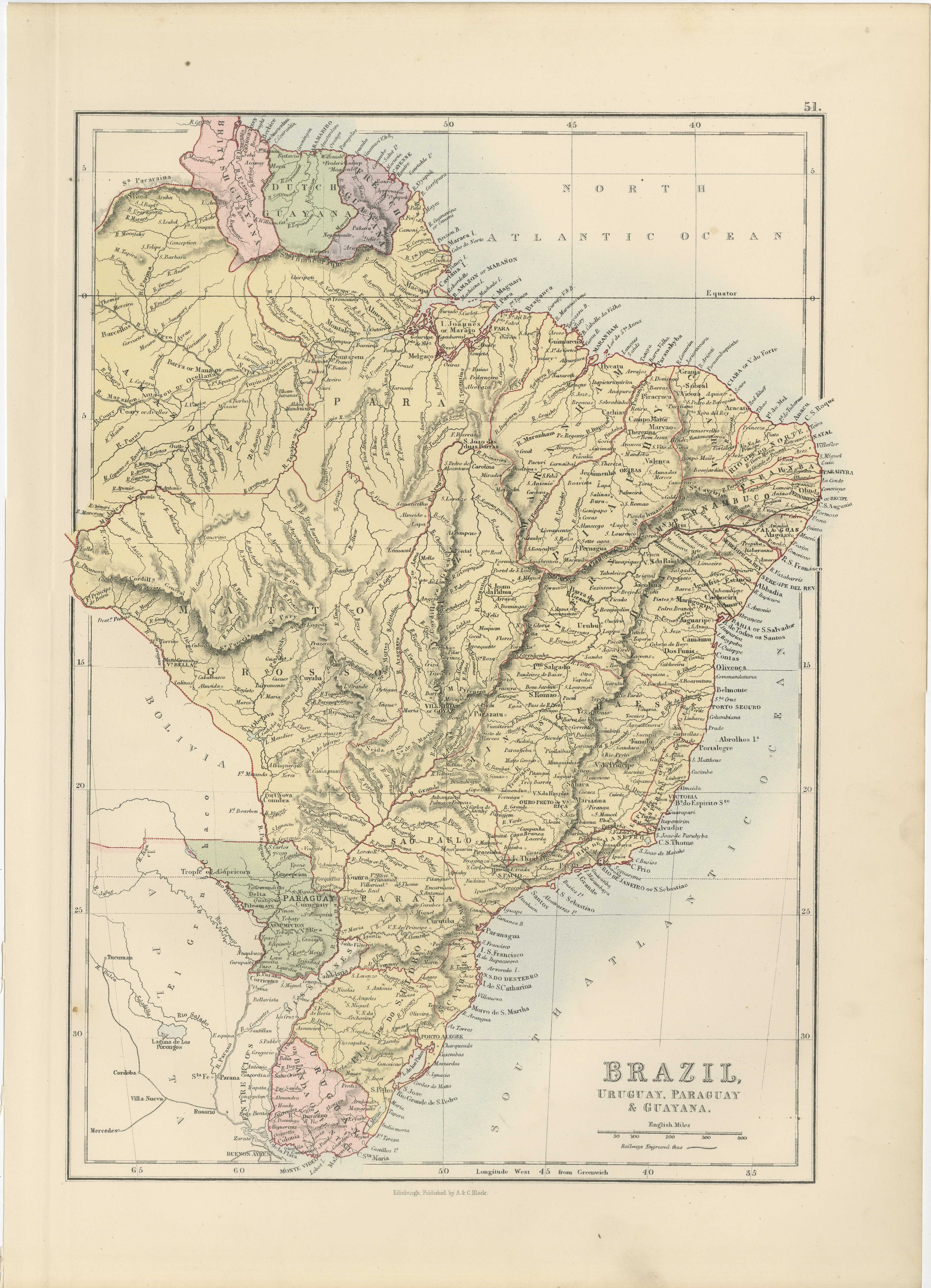 Antique Brazil Map, Uruguay, Paraguay & Guiana, Bartholomew, 1884