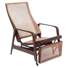 Antique Brazilian Reclining Lounge Chair, Walnut & Cane, Circa 1940