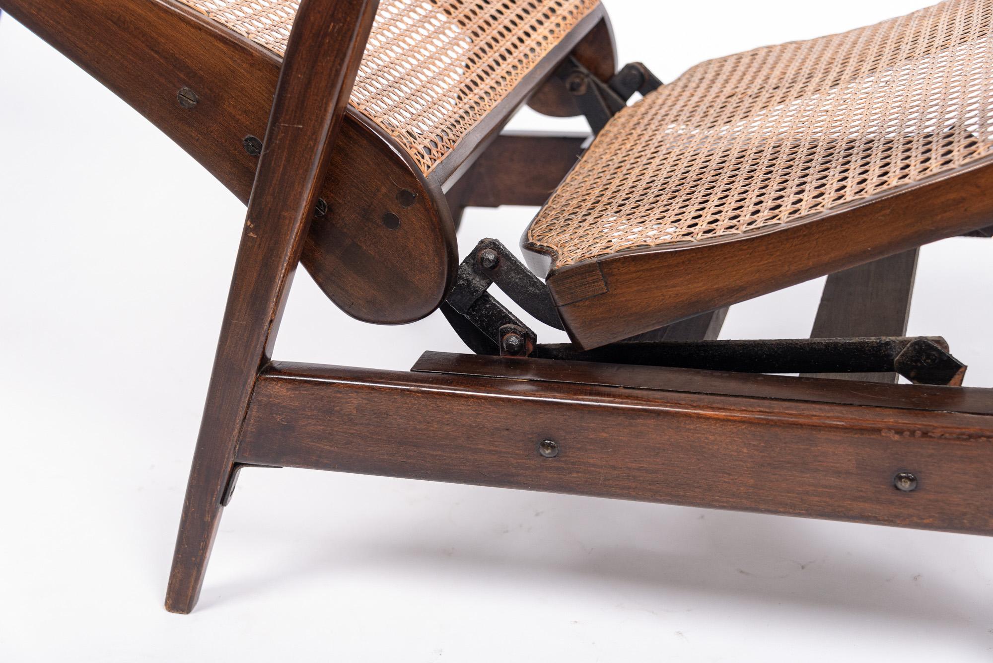 20th Century Antique Brazilian Walnut Wood & Cane Reclining Lounge Chair For Sale