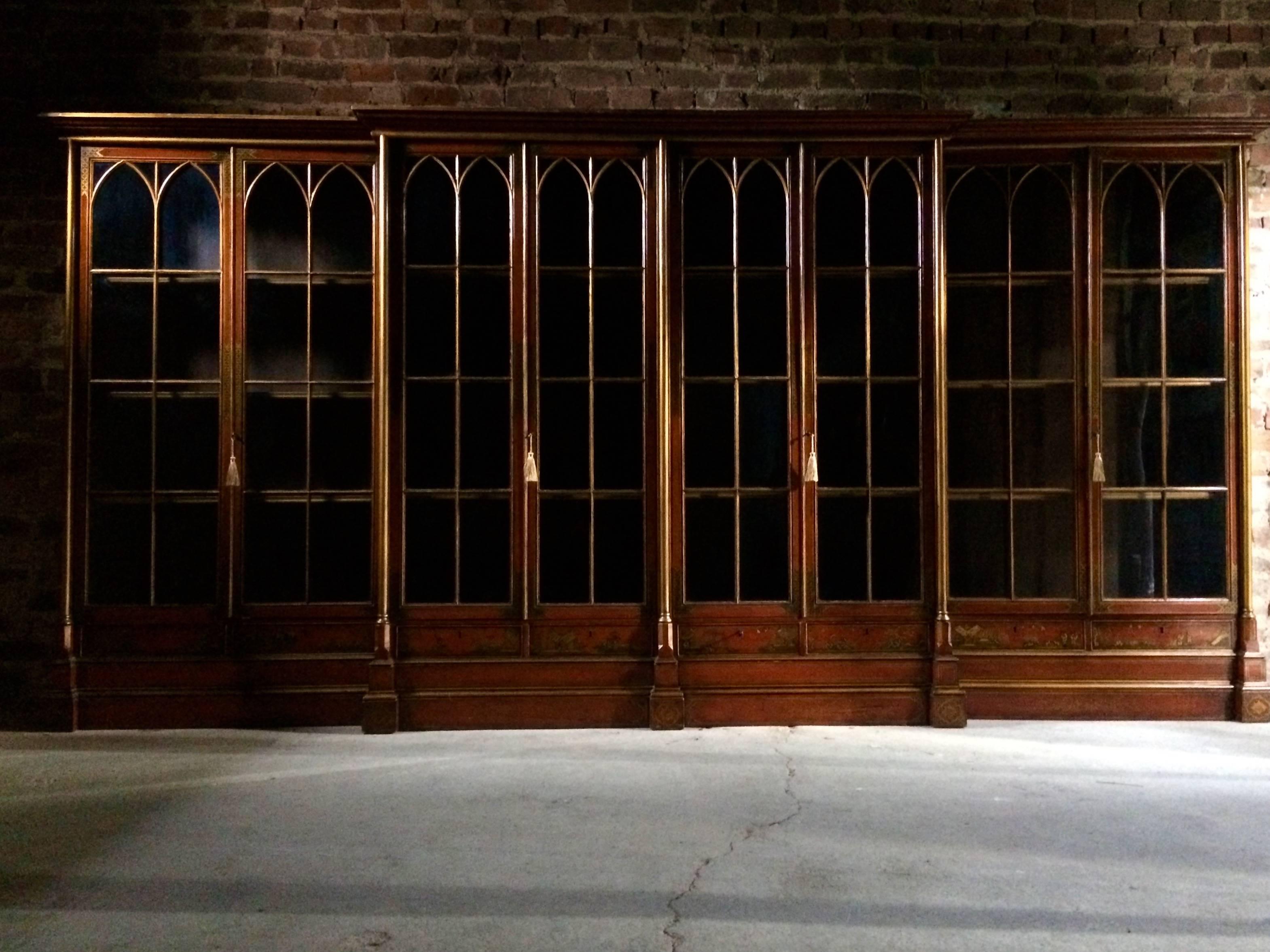 British Antique Breakfront Bookcase Large Japanned Lacquered George III, 19th Century For Sale