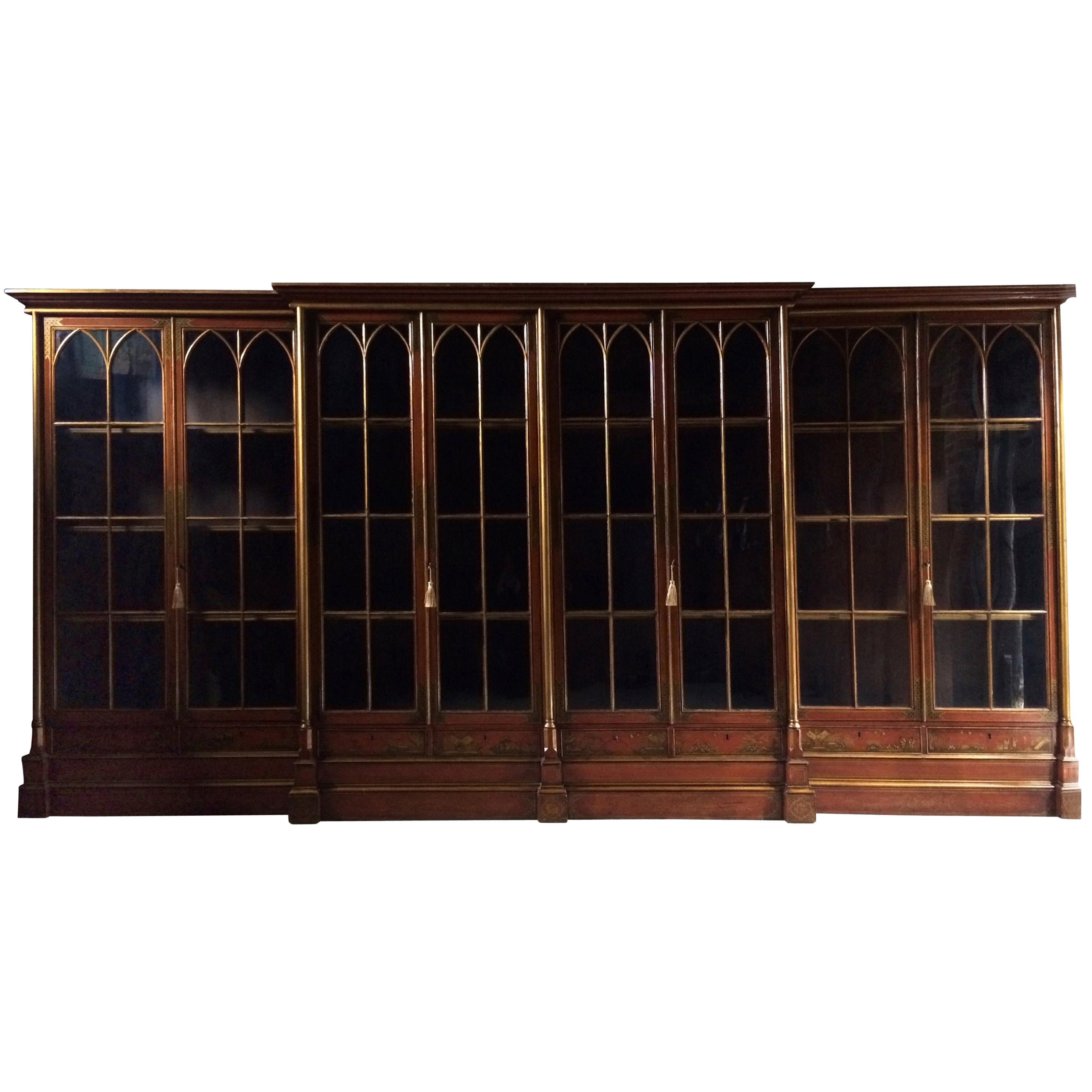 Antique Breakfront Bookcase Large Japanned Lacquered George III, 19th Century For Sale