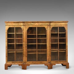 Antique Breakfront Bookcase, Victorian Burr Walnut Glazed Display Cabinet