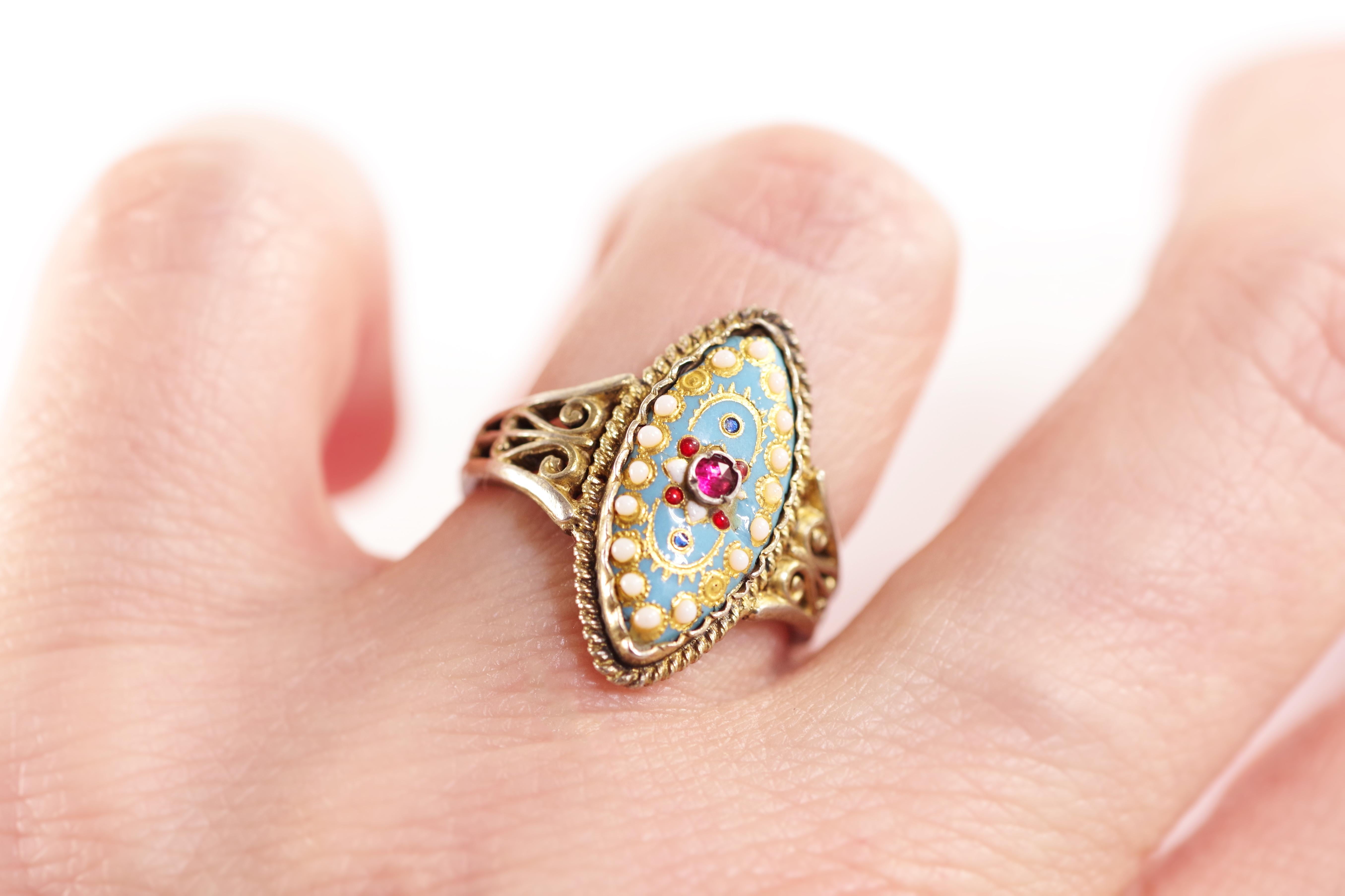 Women's Antique Bressan enamel ring in vermeil, gilt silver, antique navette ring