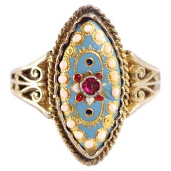 Antique Bressan enamel ring in vermeil, gilt silver, antique navette ring