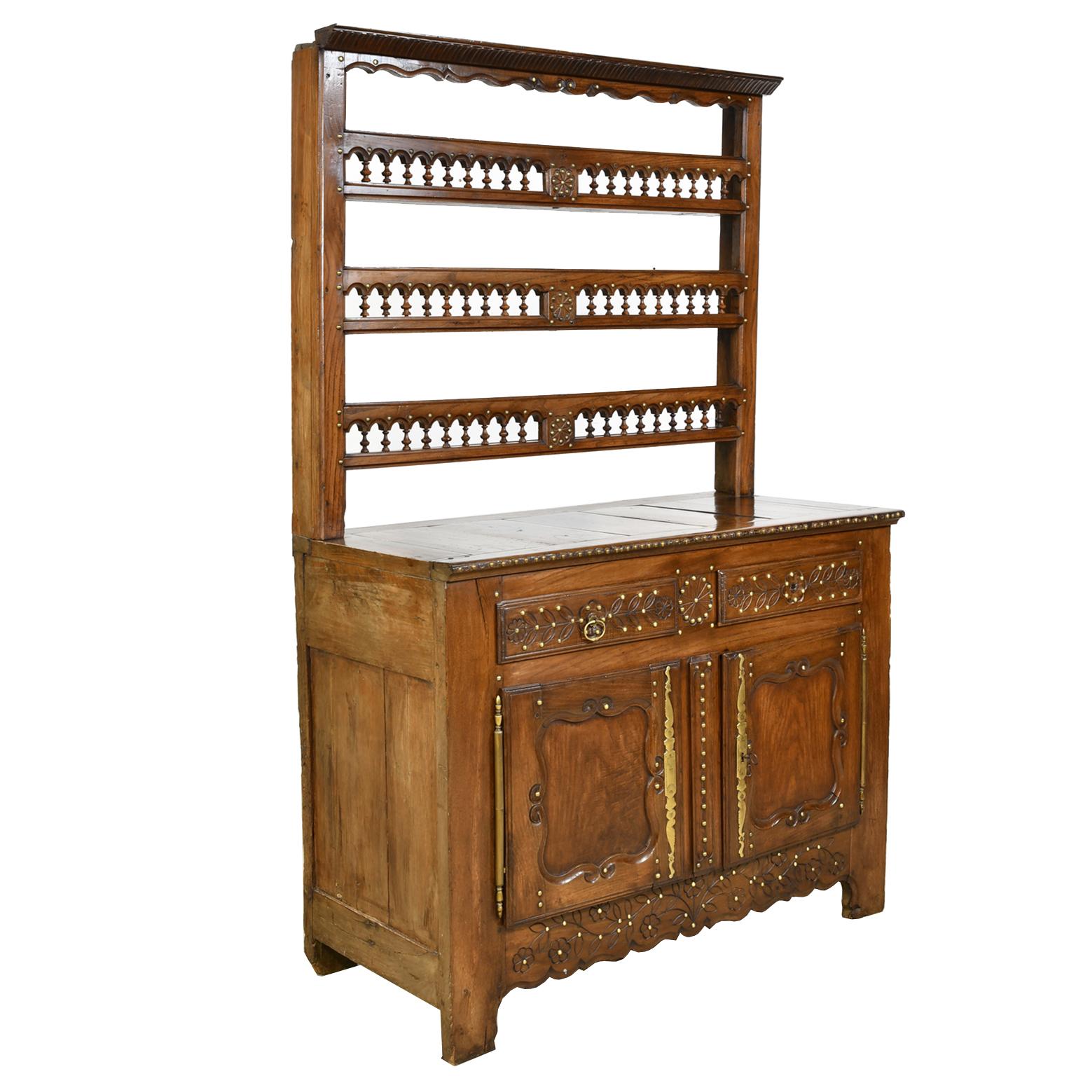 Hand-Carved Antique Breton Buffet-Vaisselier/French Cupboard in Chestnut with Open Rack For Sale