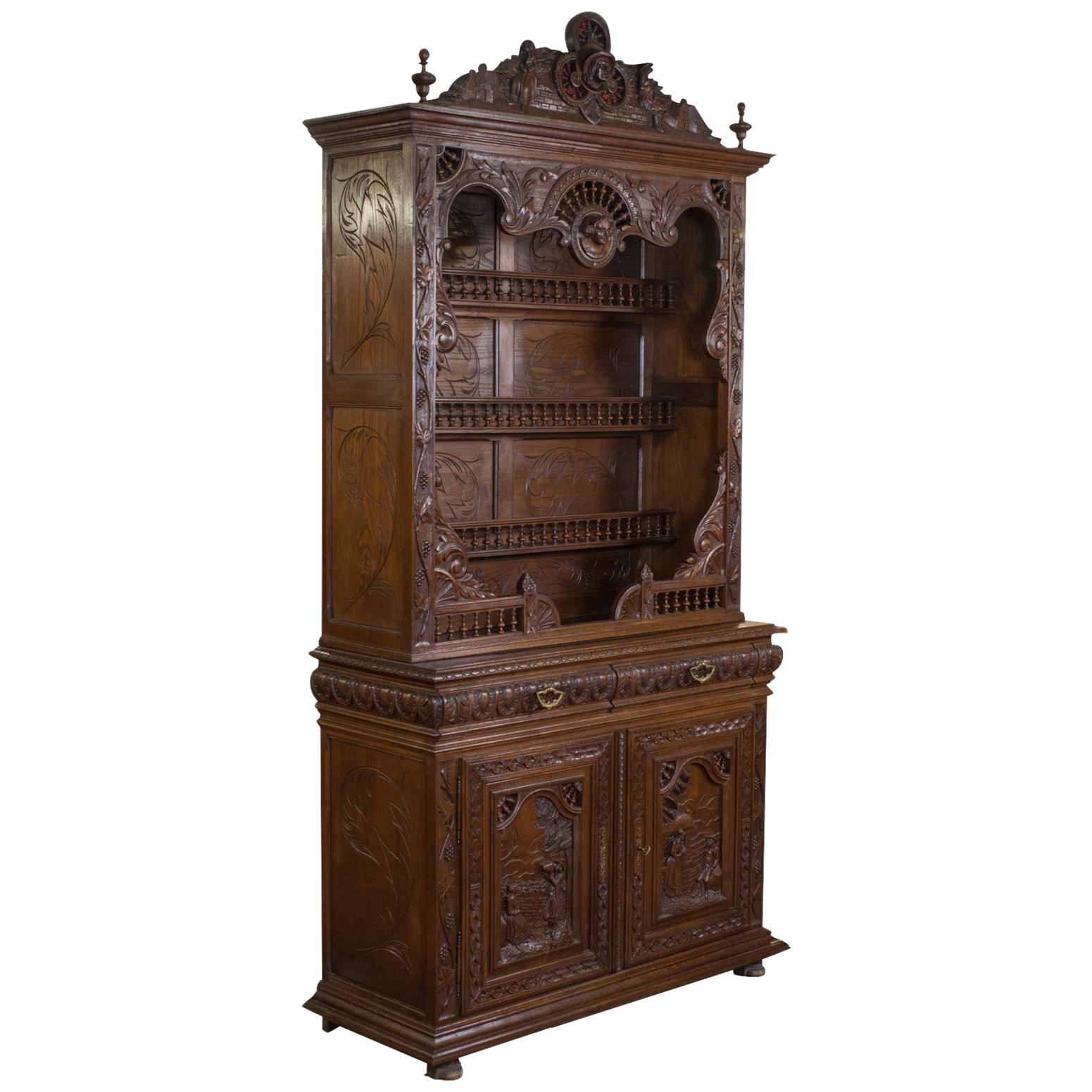 Breton Cabinet, Carved French Sideboard, Oak, Late 19th Century, circa 1880 For Sale