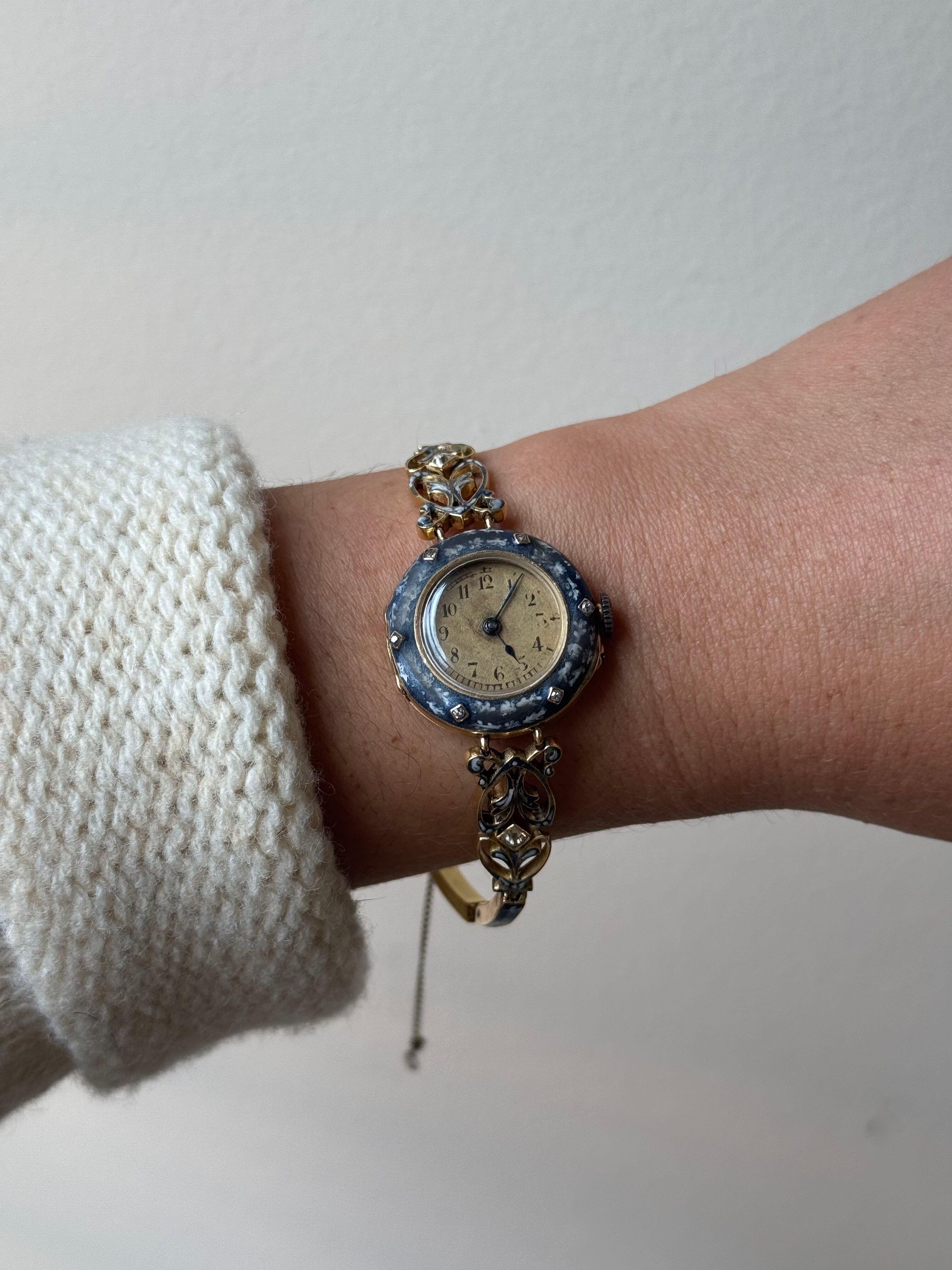 Antique Brevett Yellow Gold Enamel Diamond Watch Bracelet For Sale 5