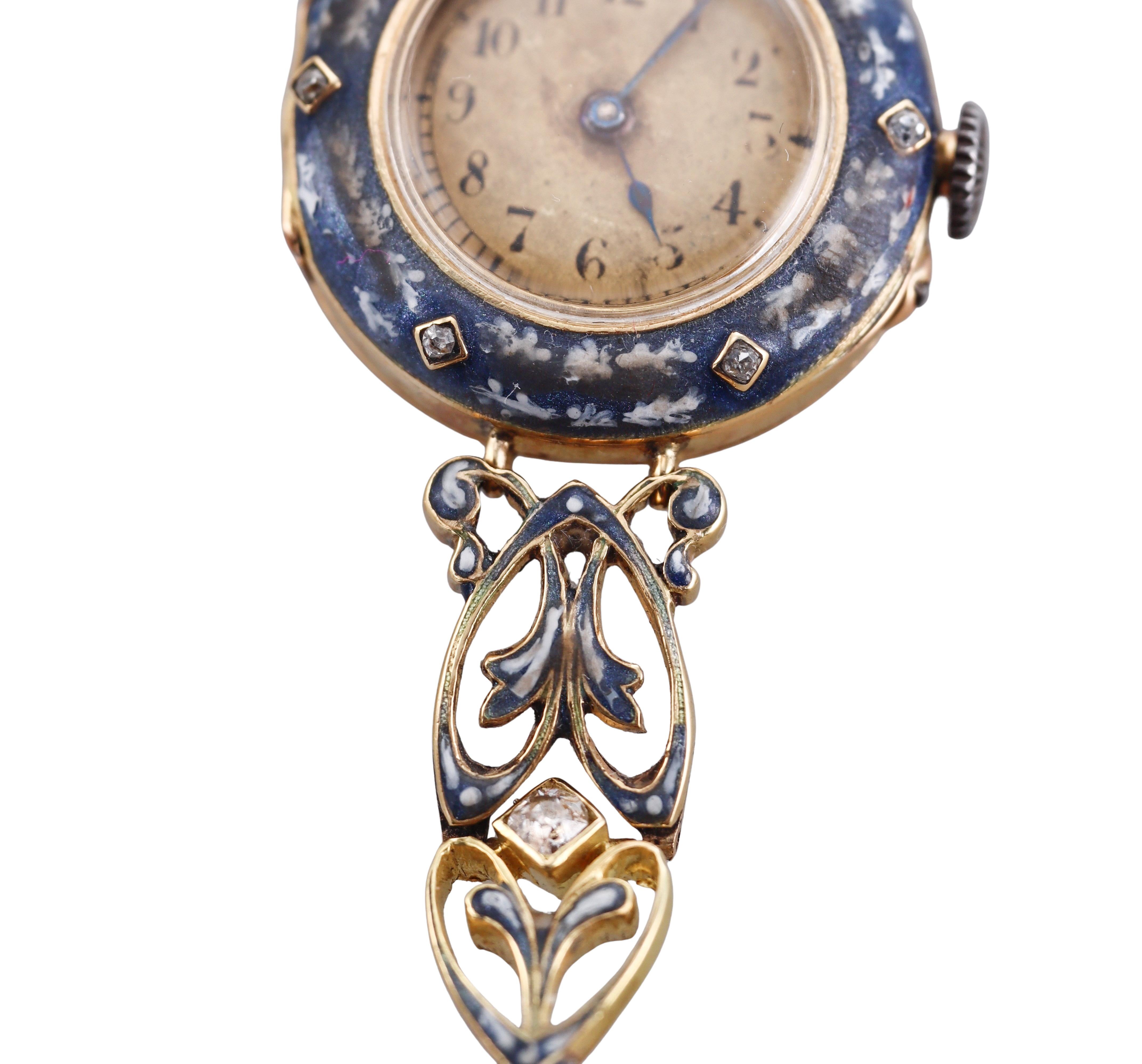 Antique Brevett Yellow Gold Enamel Diamond Watch Bracelet In Good Condition For Sale In New York, NY