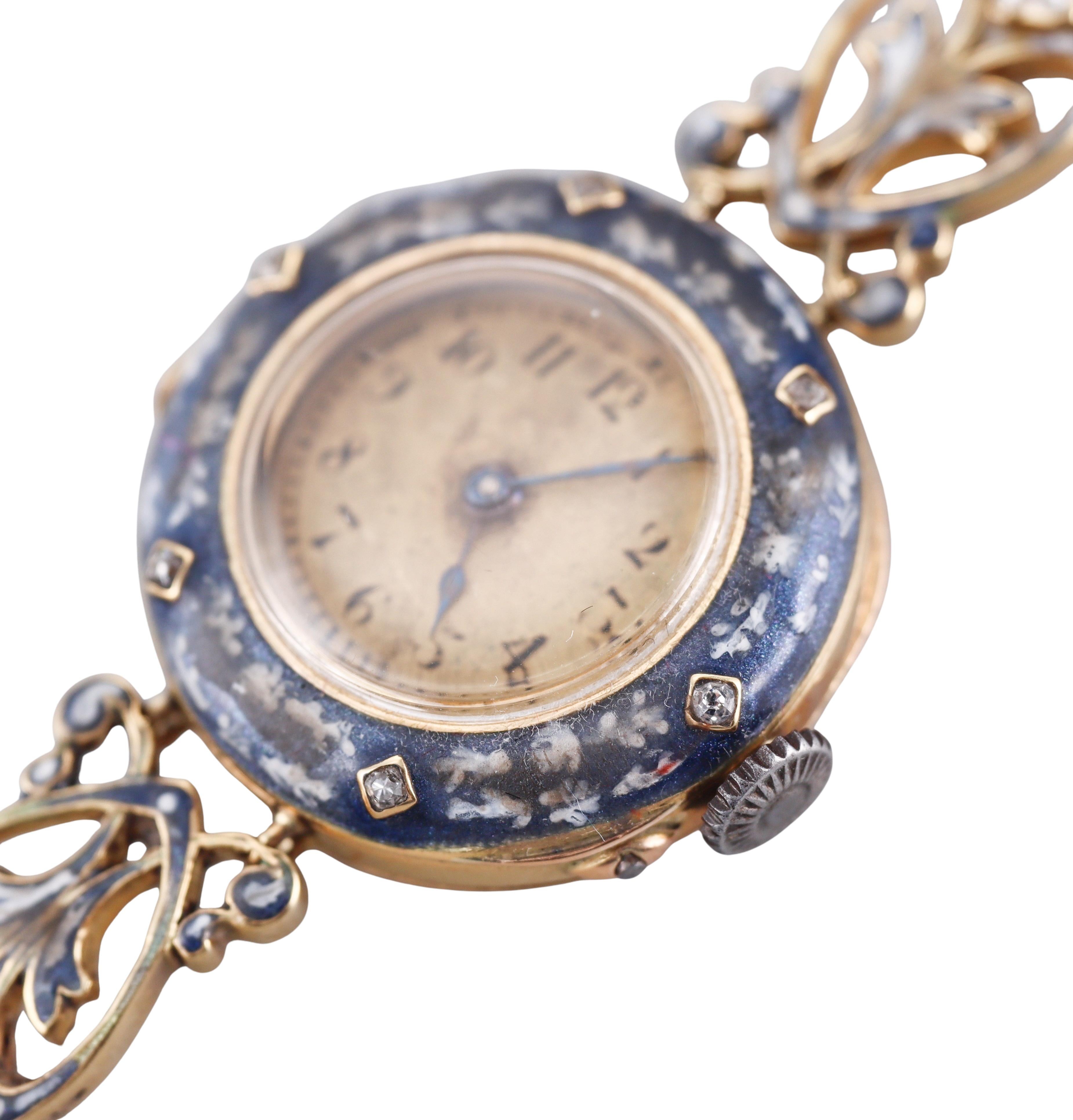 Antique Brevett Yellow Gold Enamel Diamond Watch Bracelet For Sale 1