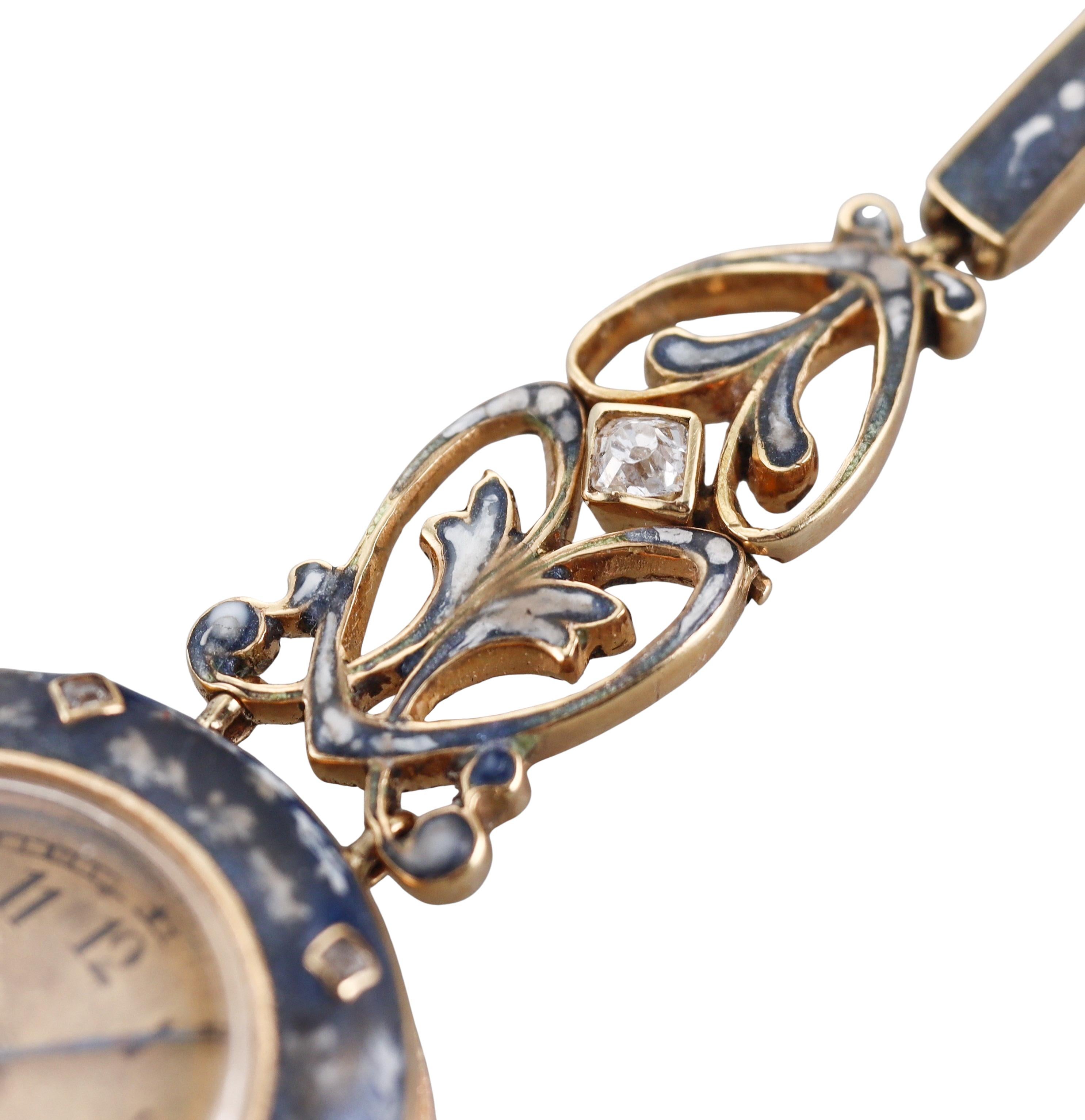 Antique Brevett Yellow Gold Enamel Diamond Watch Bracelet For Sale 2