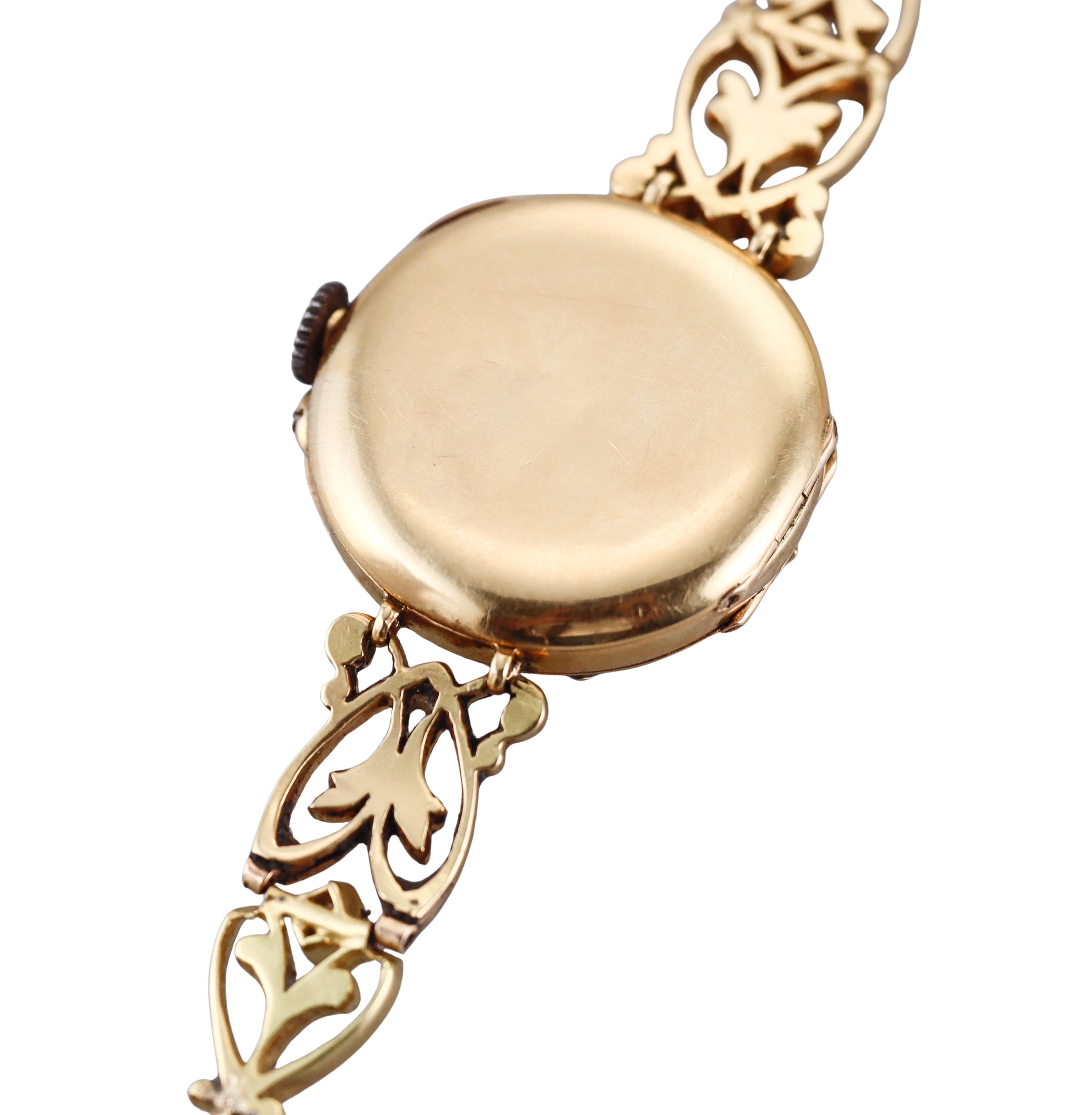 Antique Brevett Yellow Gold Enamel Diamond Watch Bracelet For Sale 3