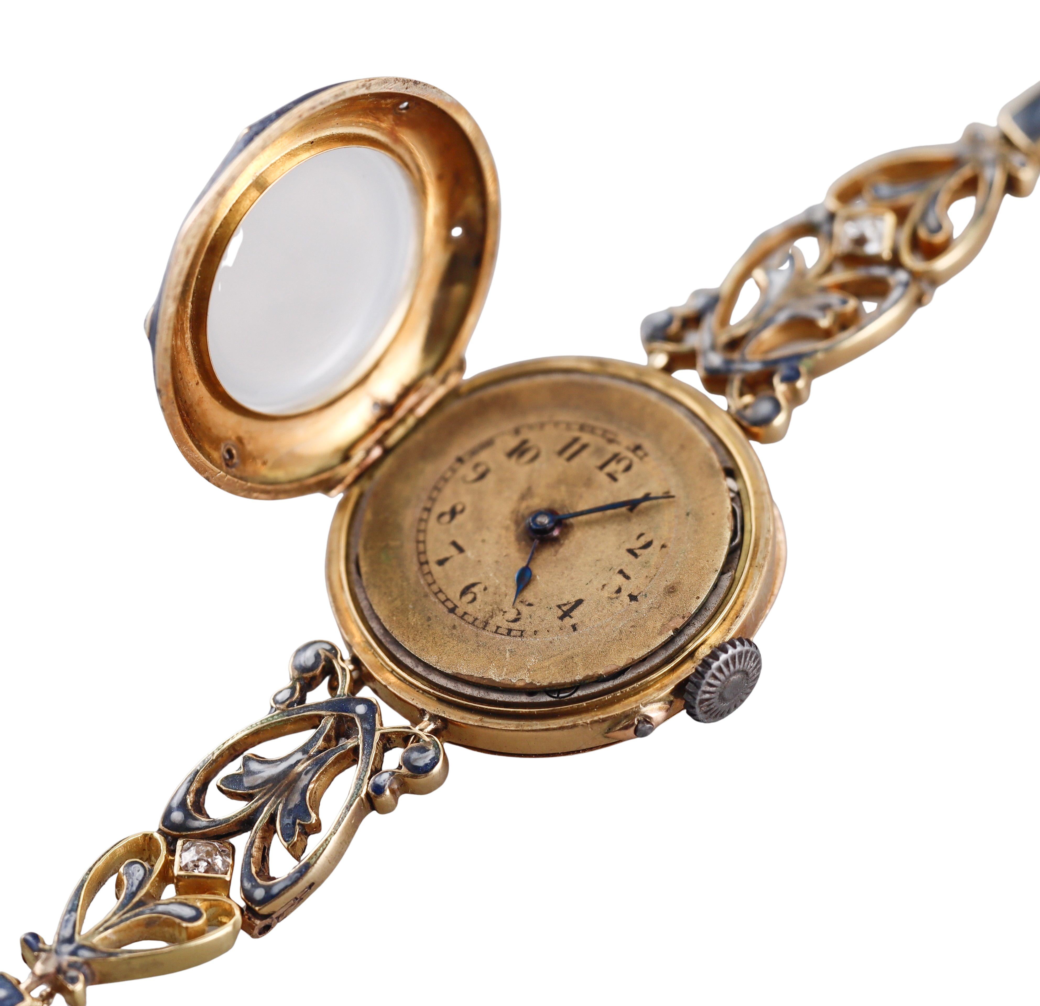 Antique Brevett Yellow Gold Enamel Diamond Watch Bracelet For Sale 4