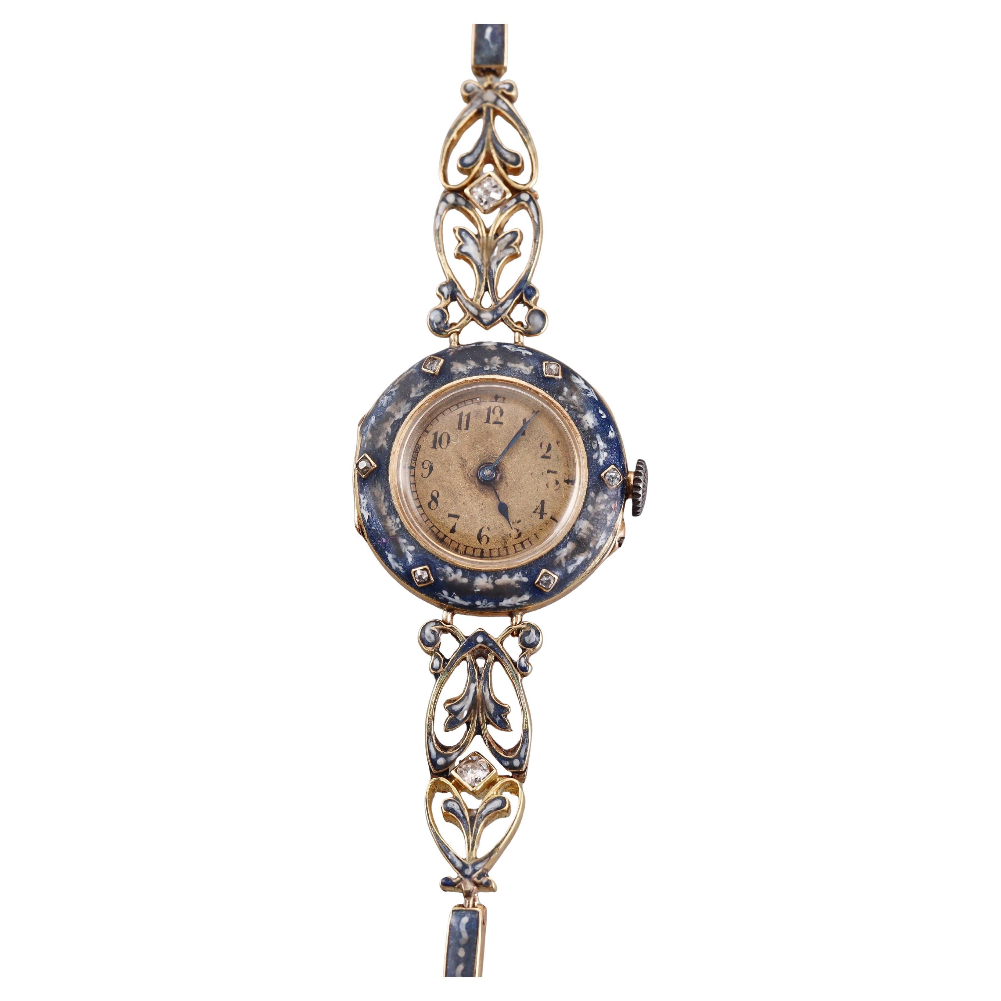 Antique Brevett Yellow Gold Enamel Diamond Watch Bracelet