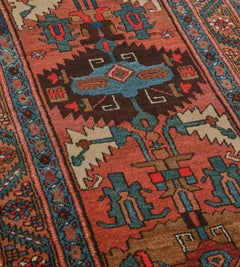 Antique Brick-Red Wool Persian Serab Runner with Polychrome Lozenges