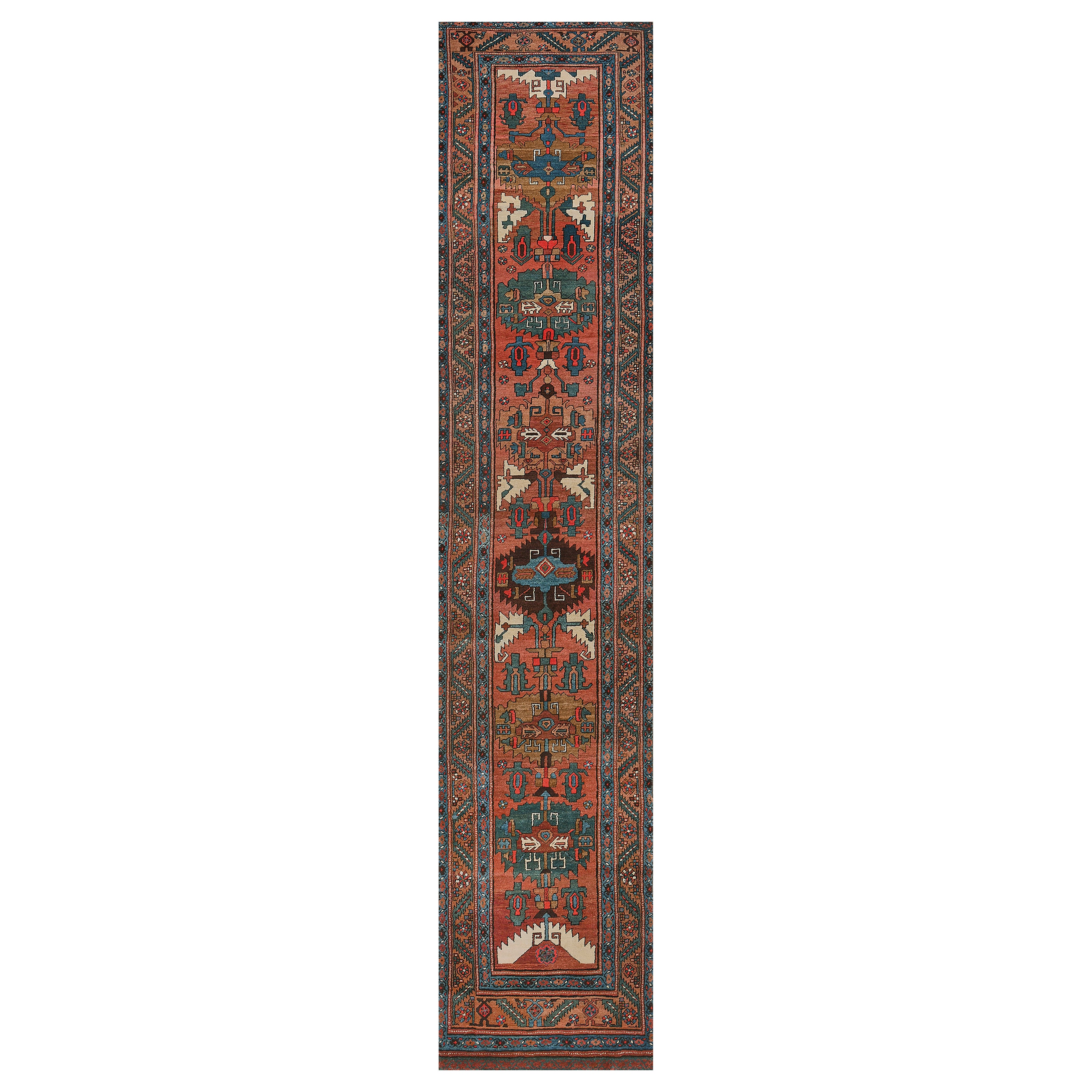 Antique Brick-Red Wool Persian Serab Runner with Polychrome Lozenges For Sale
