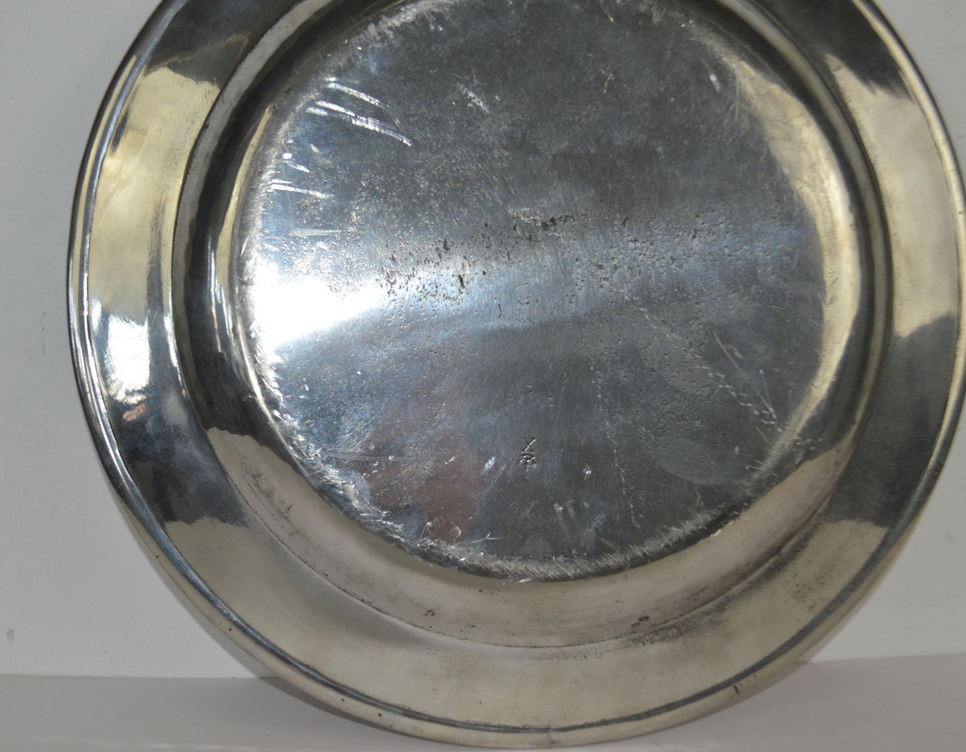  2 Antique Brightly Polished 15 inch Pewter Chargers, English, 18th Century 1