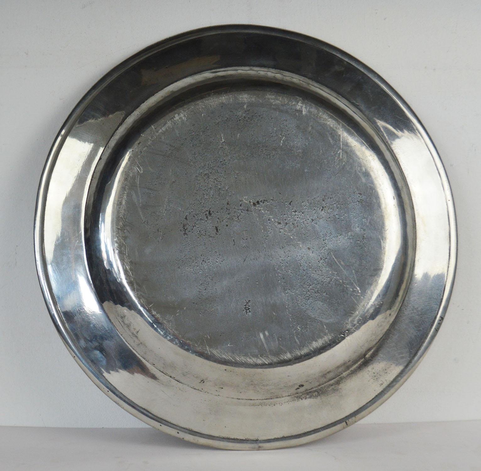  2 Antique Brightly Polished 15 inch Pewter Chargers, English, 18th Century 2