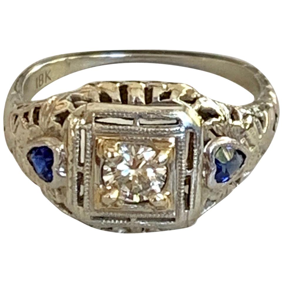 Antique Brilliant Cut Diamond and Heart Cut Blue Sapphire 18 Karat Gold Ring