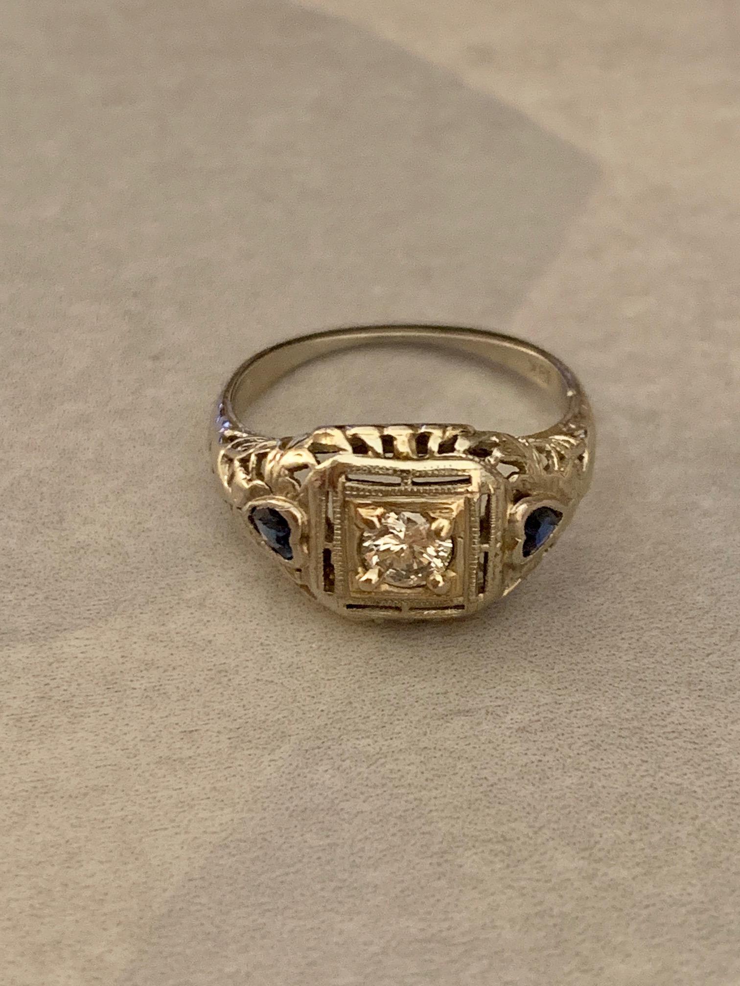 Antique Brilliant Cut Diamond and Heart Cut Blue Sapphire 18 Karat Gold Ring 1