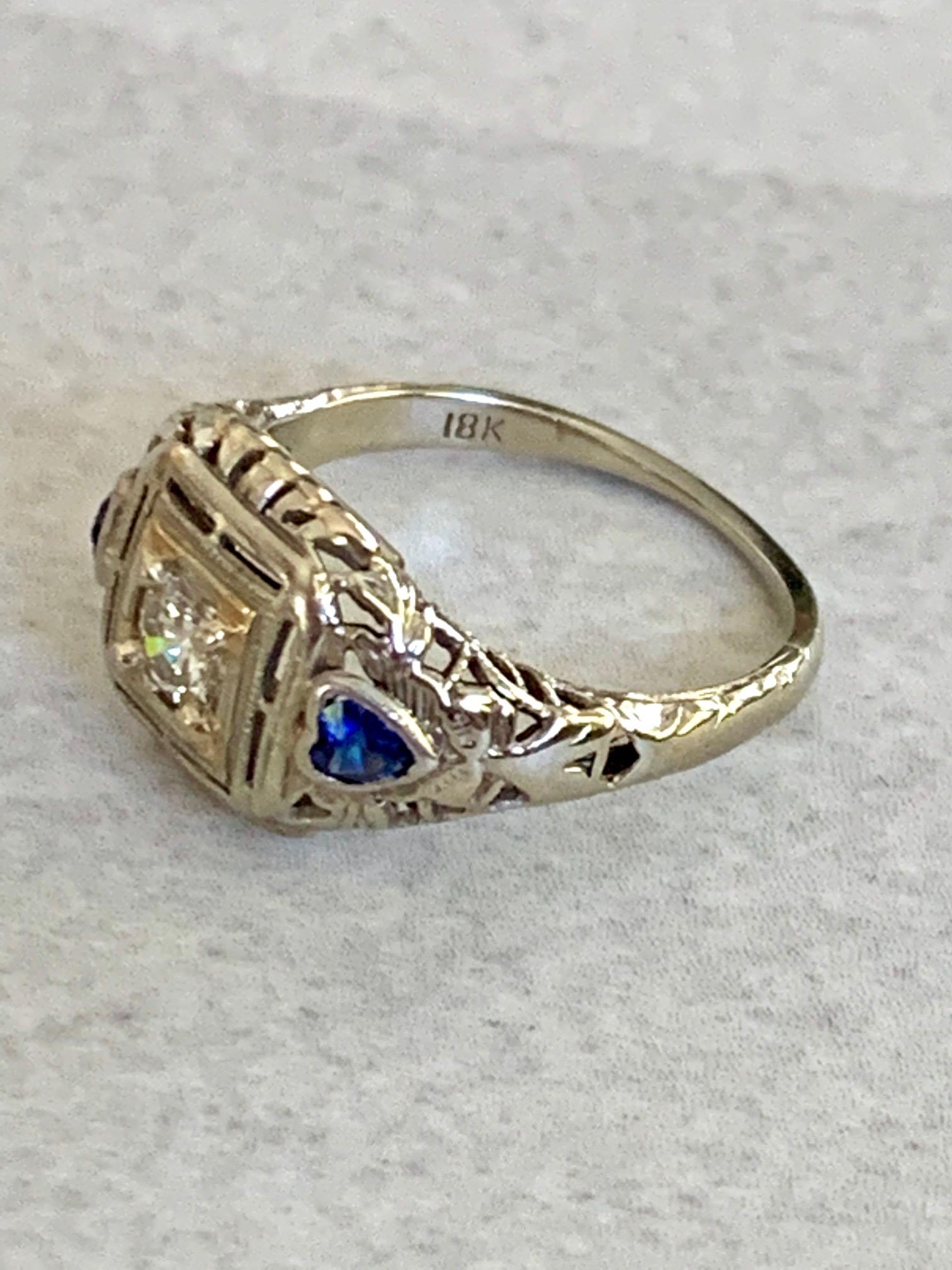 Antique Brilliant Cut Diamond and Heart Cut Blue Sapphire 18 Karat Gold Ring 3