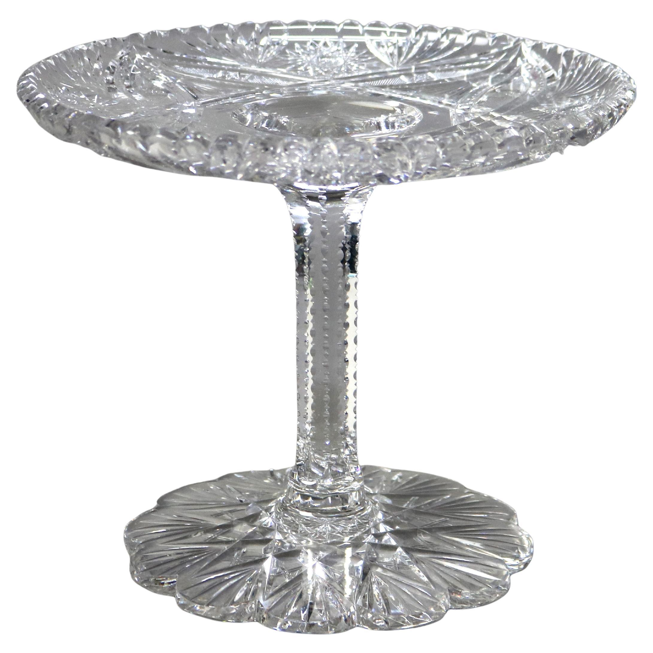 Antique Brilliant Cut Glass Cake Pedestal Platter with Daisy Pattern C1890