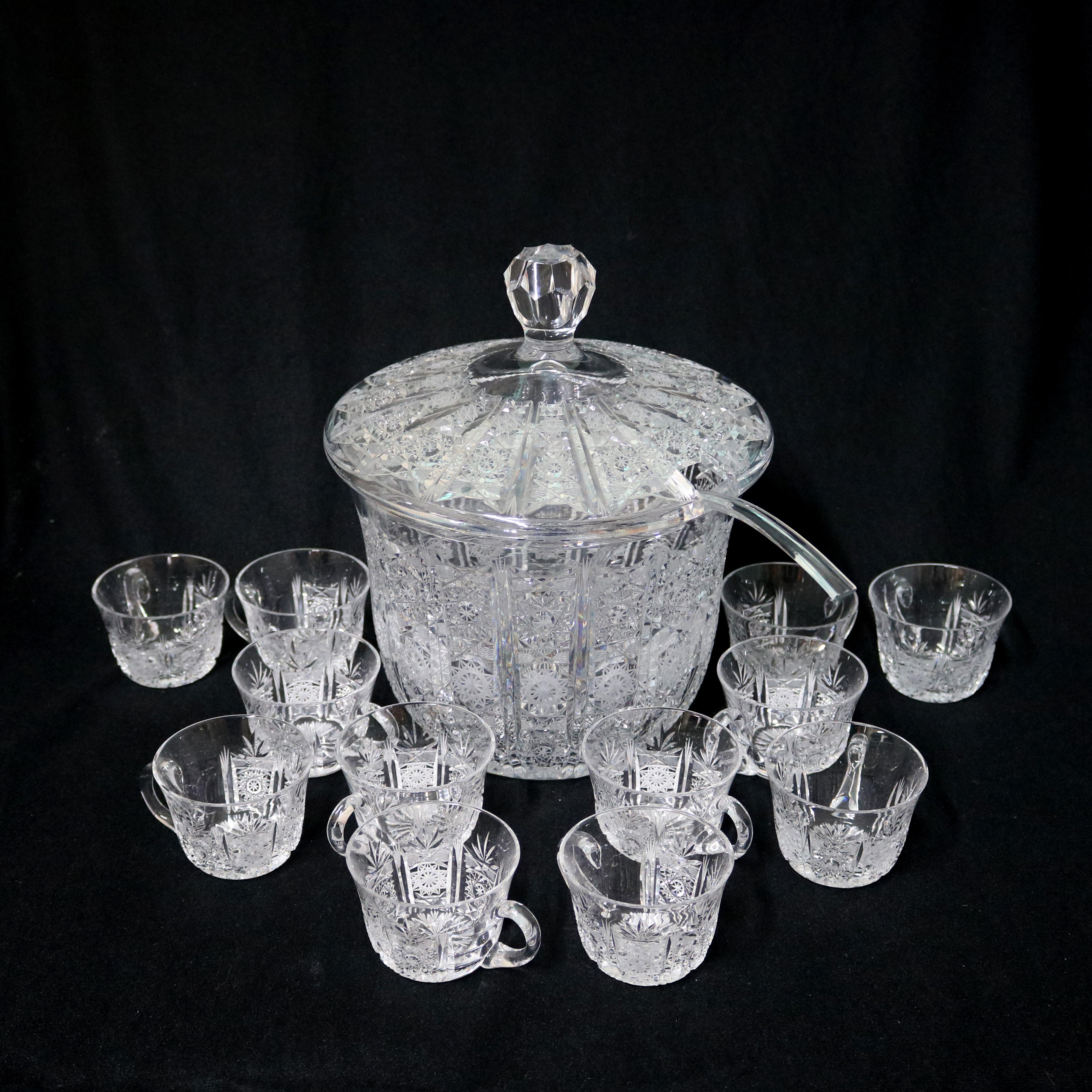 Antique Brilliant Cut Glass Covered Punch Bowl Set by Waterford, c1930 11