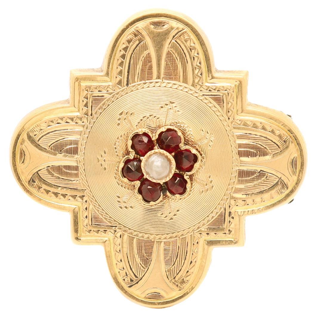 Antique Brite Cut Victorian 10K Gold, Garnet, & Pearl Brooch
