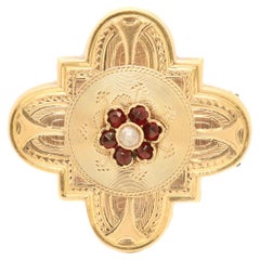 Antique Brite Cut Victorian 10K Gold, Garnet, & Pearl Brooch