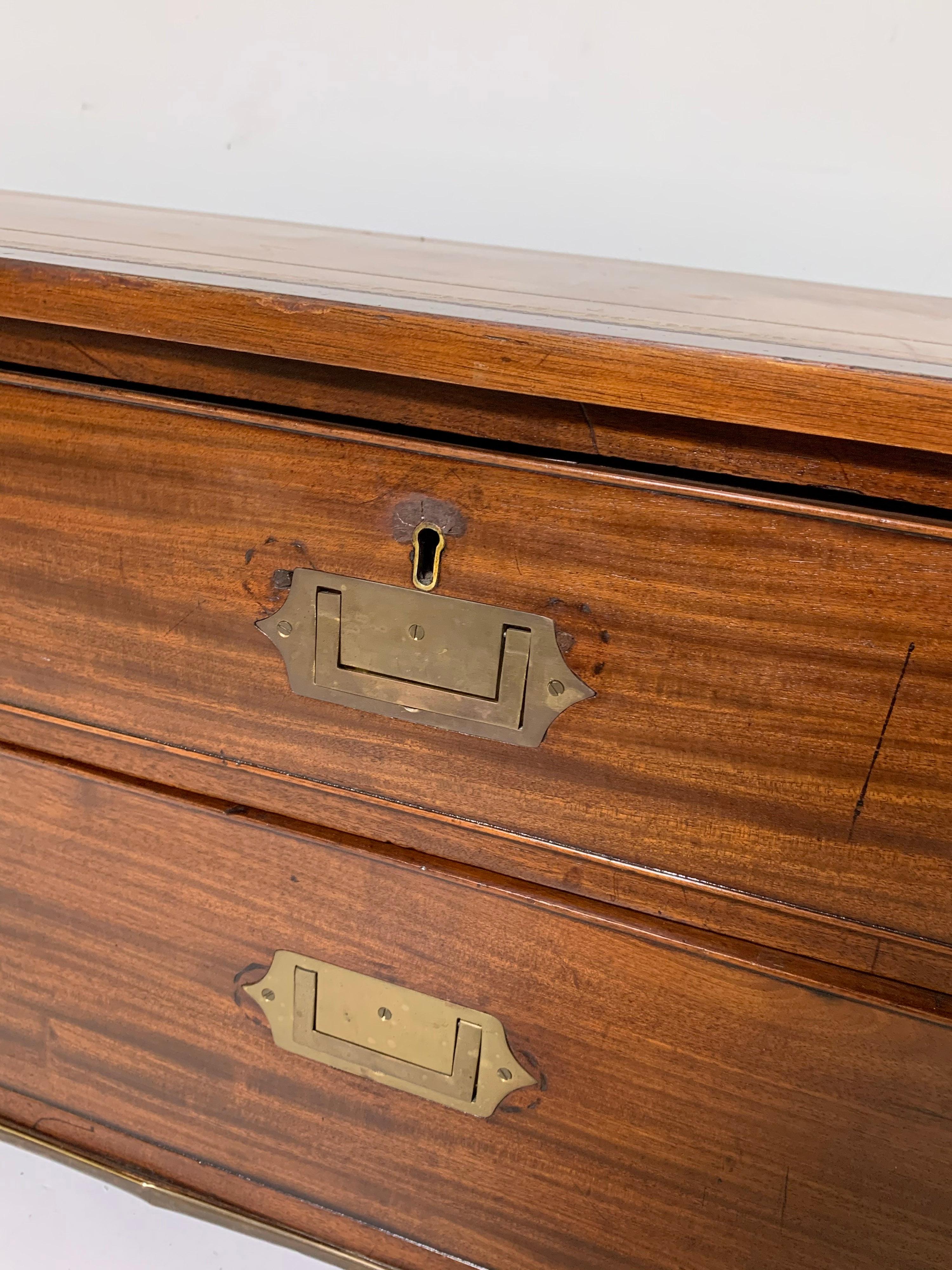 Antique British Campaign Map Chest Coffee Table in Mahogany with Leather Top 3