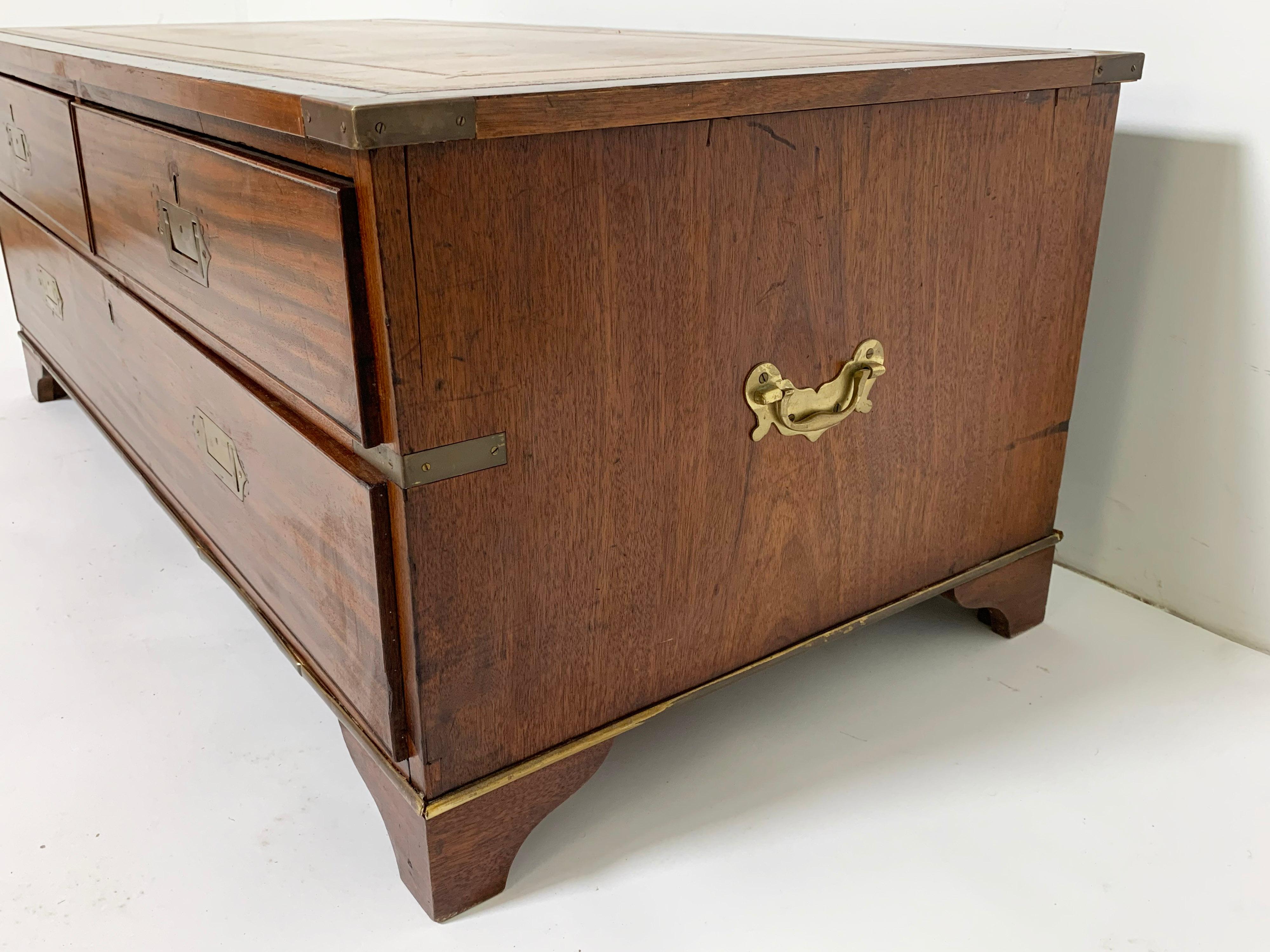 Antique British Campaign Map Chest Coffee Table in Mahogany with Leather Top 5