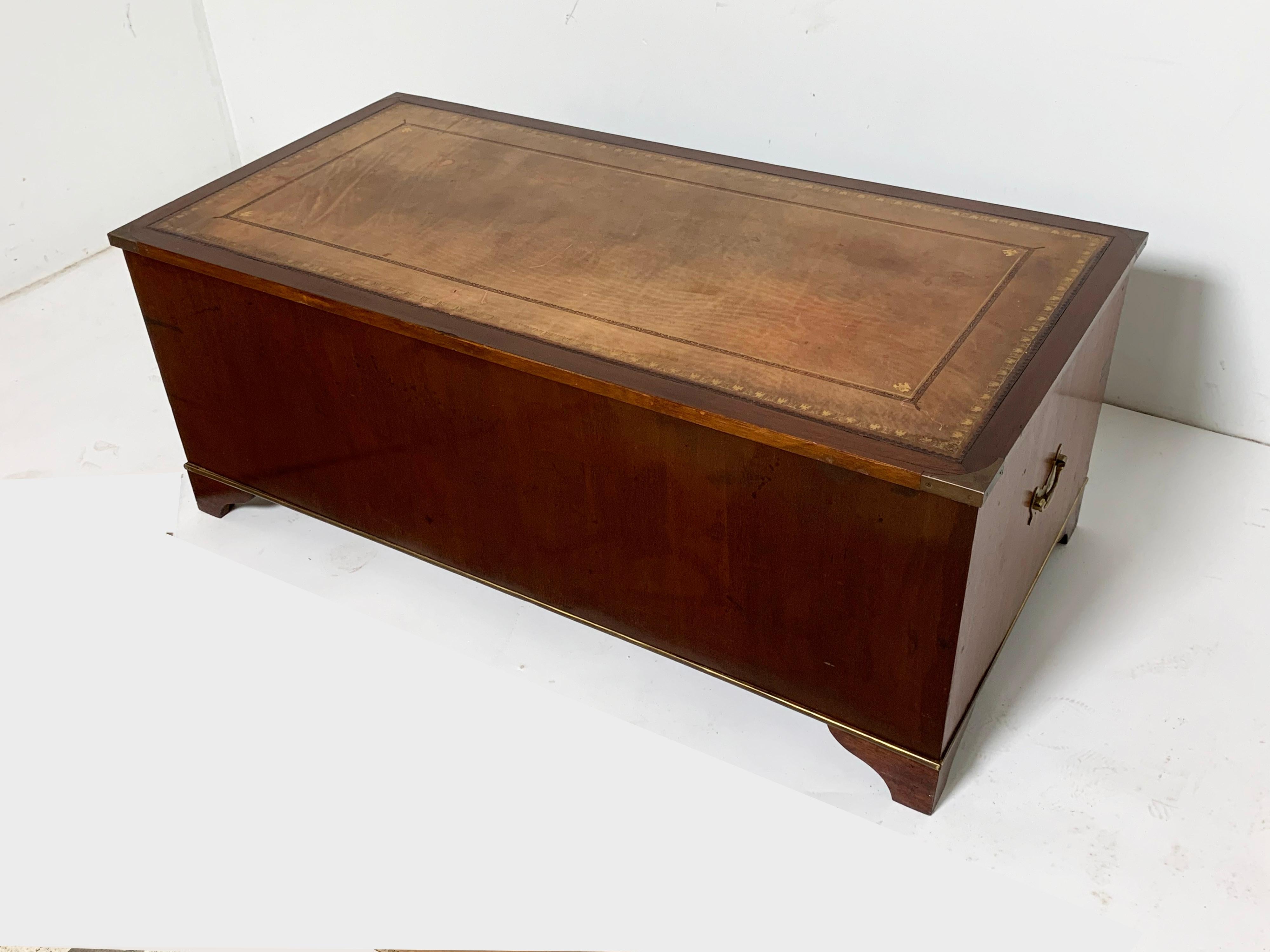 Antique British Campaign Map Chest Coffee Table in Mahogany with Leather Top 7