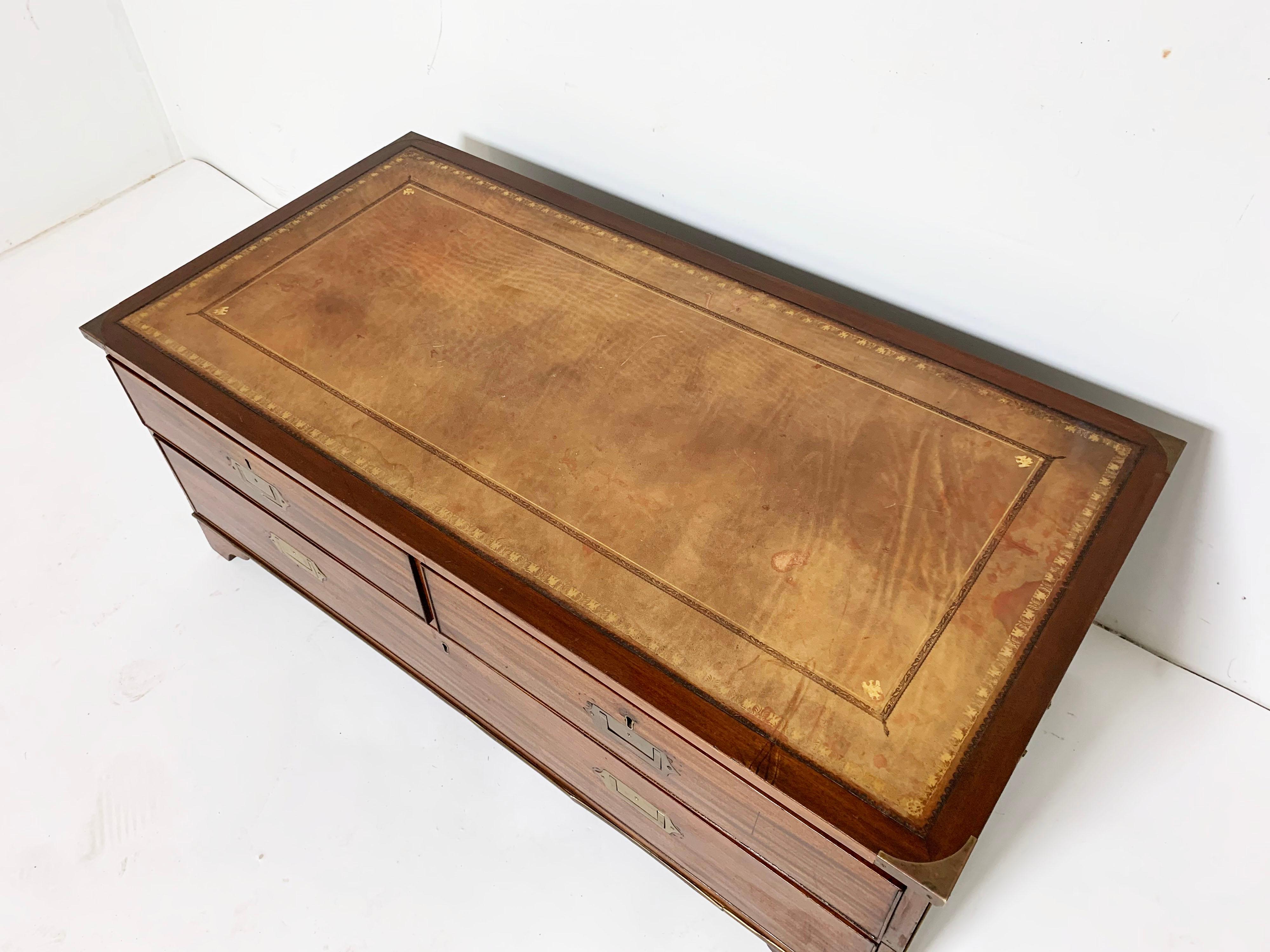 20th Century Antique British Campaign Map Chest Coffee Table in Mahogany with Leather Top