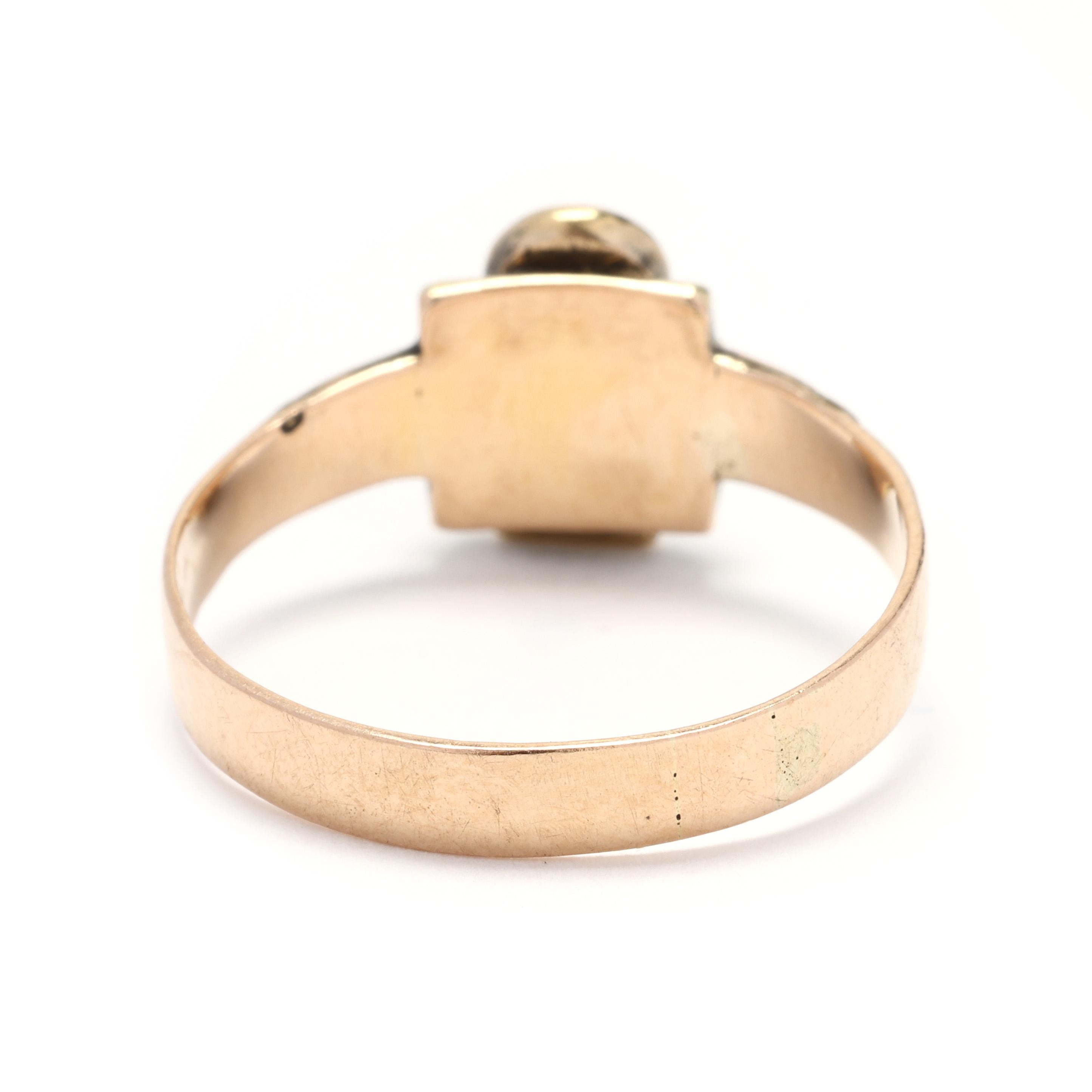 Round Cut Antique British Clover Ring, Diamond and Banded Agate, 15k Gold, Ring Size 7.75
