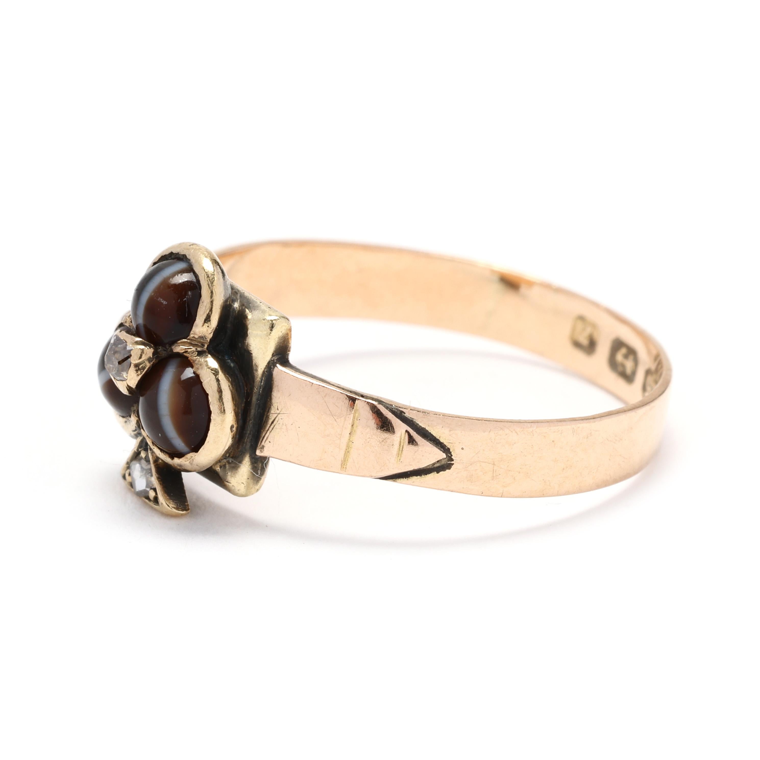 Antique British Clover Ring, Diamond and Banded Agate, 15k Gold, Ring Size 7.75 In Good Condition In McLeansville, NC
