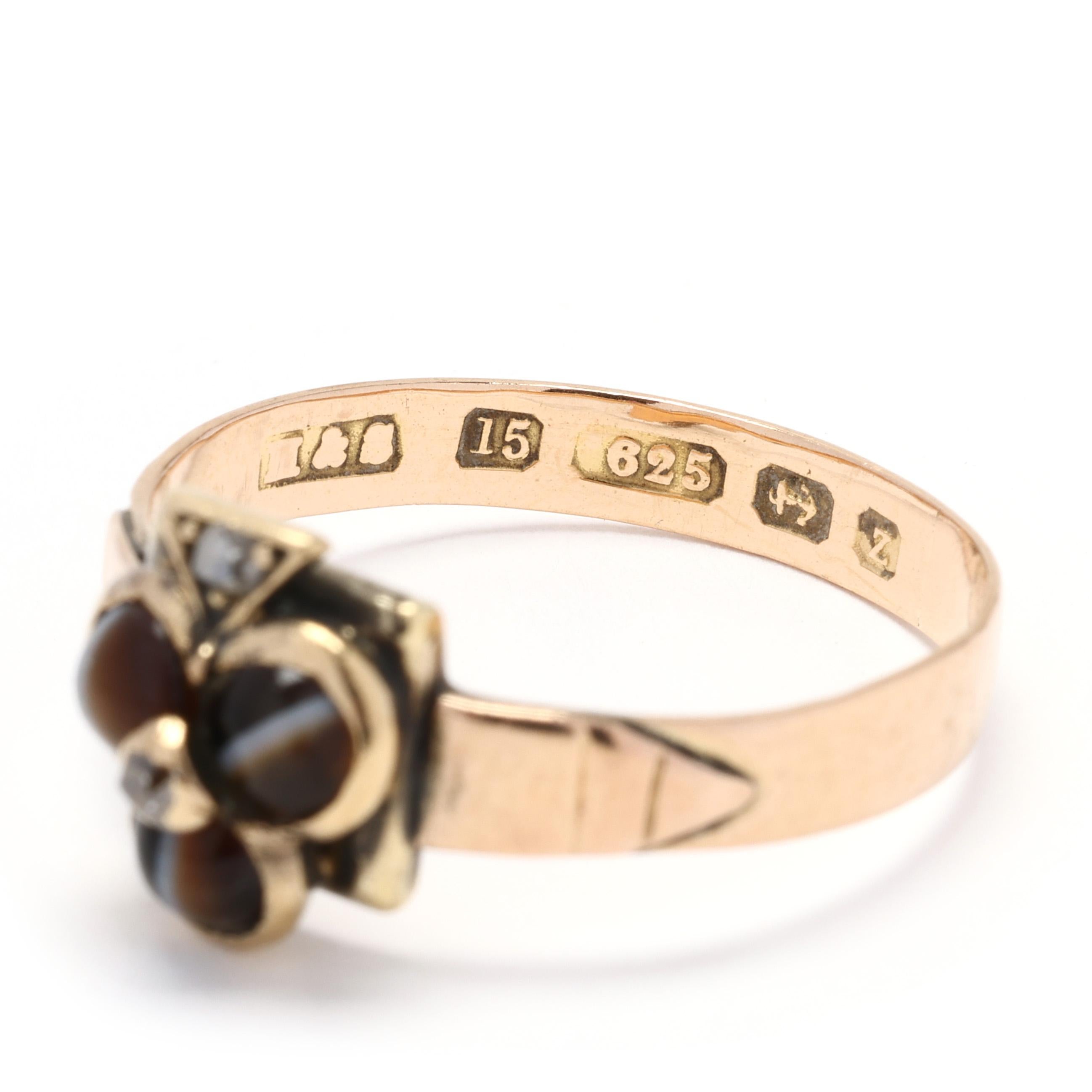 Women's or Men's Antique British Clover Ring, Diamond and Banded Agate, 15k Gold, Ring Size 7.75