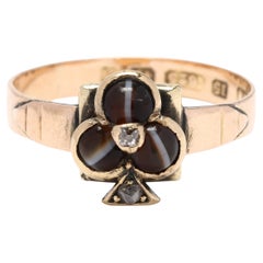 Antique British Clover Ring, Diamond and Banded Agate, 15k Gold, Ring Size 7.75