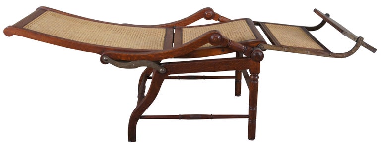 Antique British Colonial 1830s Caned Oak Reclining Mechanical