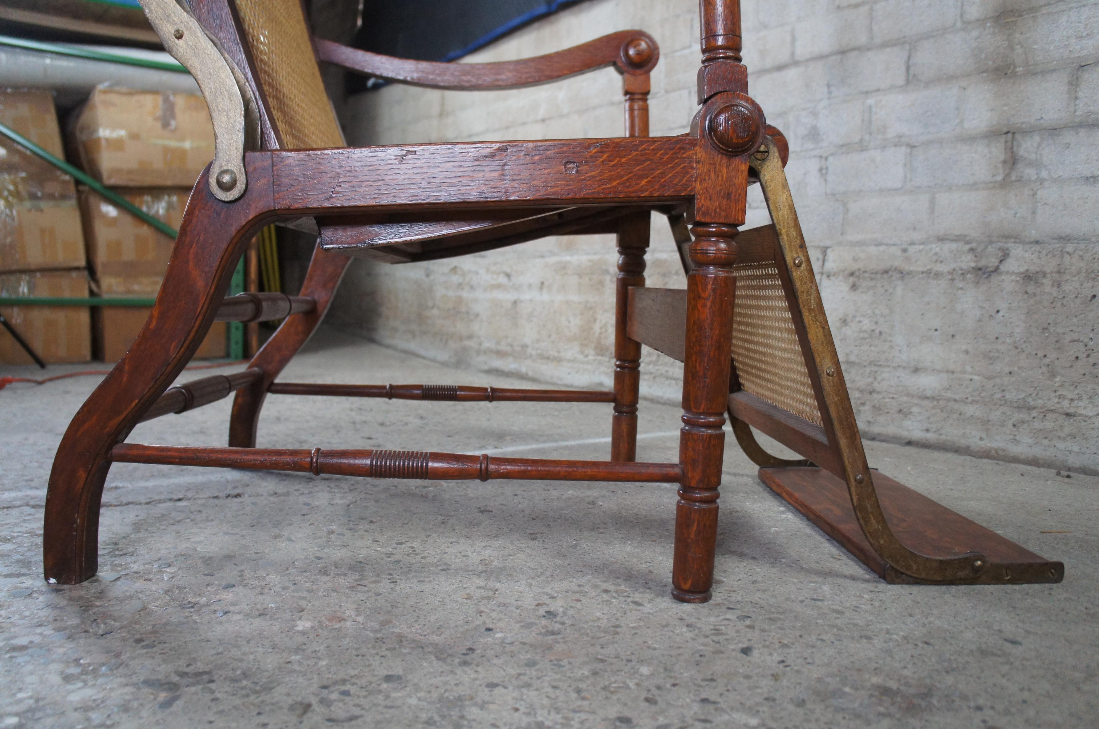 Antique British Colonial 1830s Caned Oak Reclining Mechanical Dental Arm Chair For Sale 2